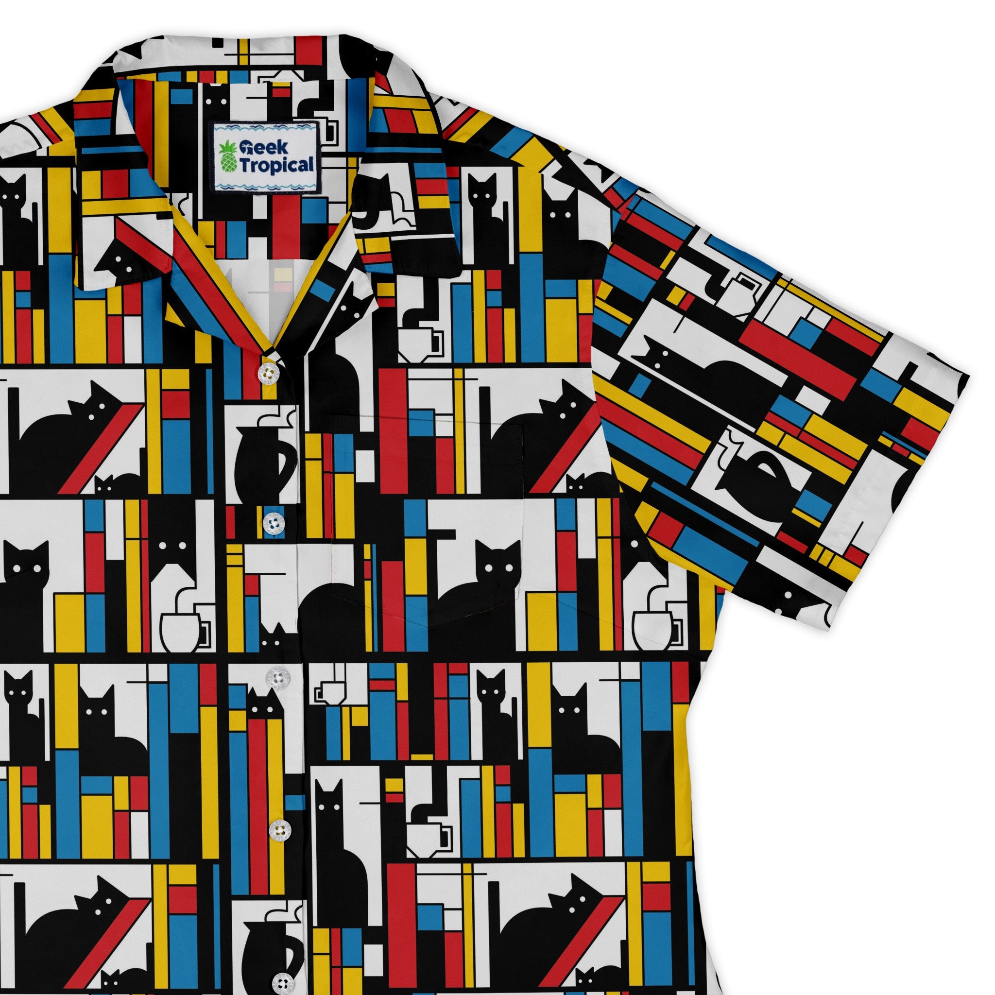 Mondrian Cat Library Curvy Button Up Shirt Geek Nerd Animal Patterns Book Prints Design by Tobe Fonseca