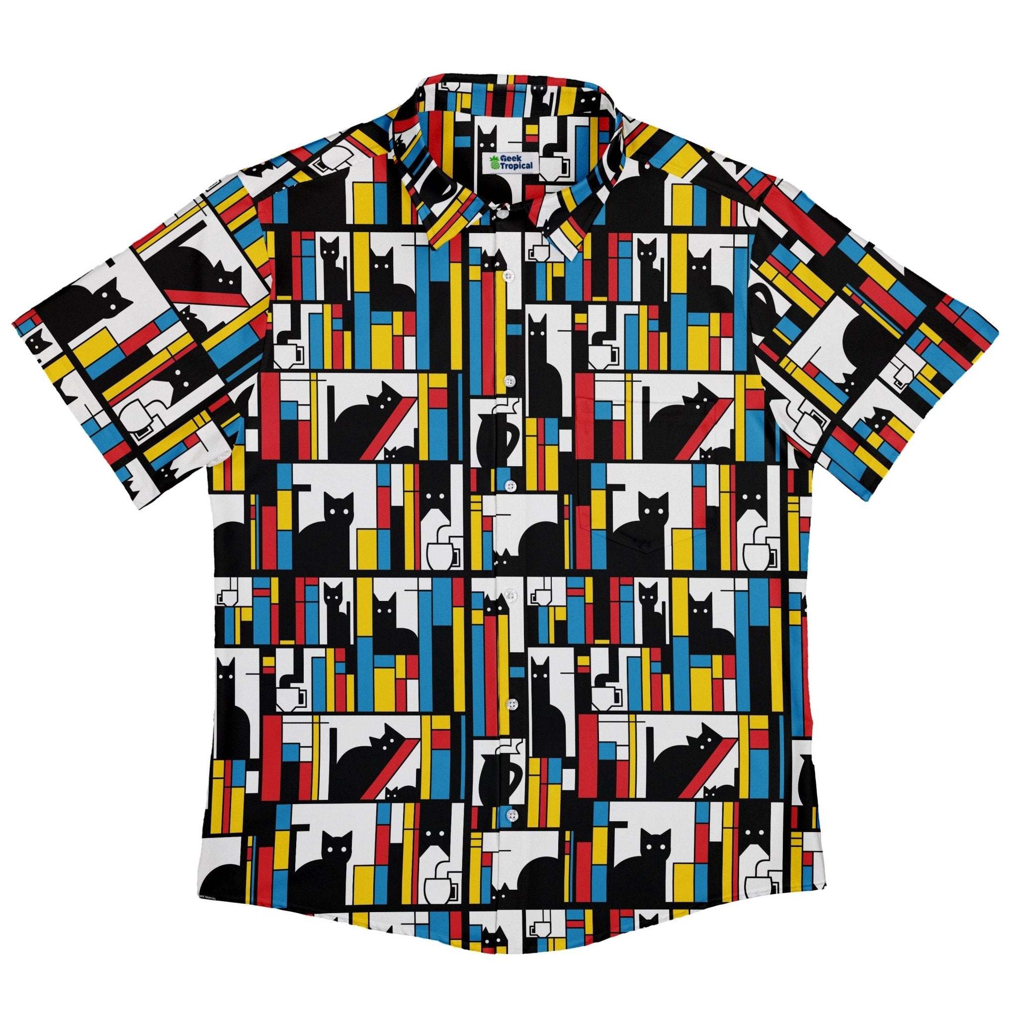 Clearance Ready - to - Ship Mondrian Cat Library Button Up Shirt Geek Nerd adult sizing Animal Patterns Book Prints