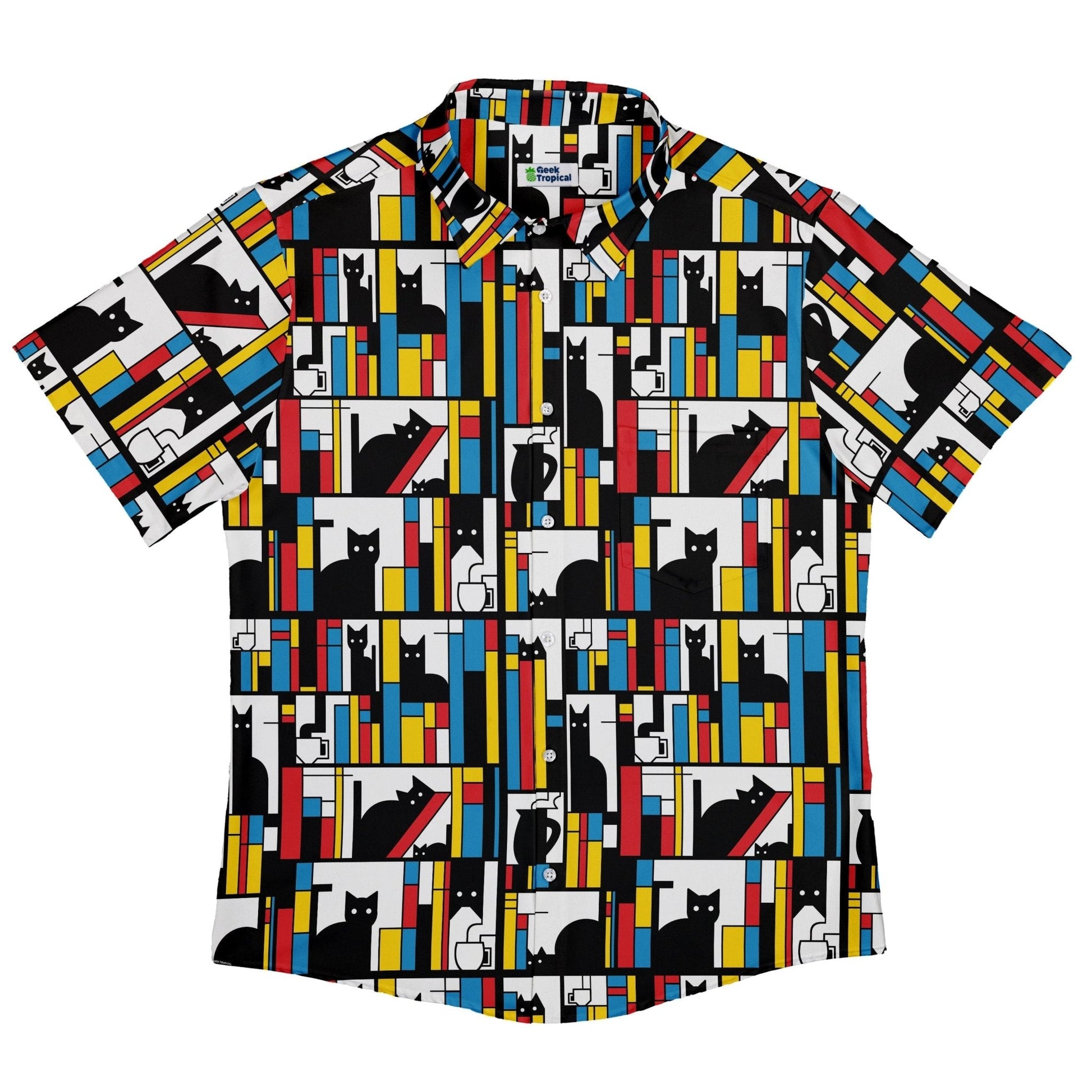 Clearance Ready - to - Ship Mondrian Cat Library Button Up Shirt Geek Nerd adult sizing Animal Patterns Book Prints