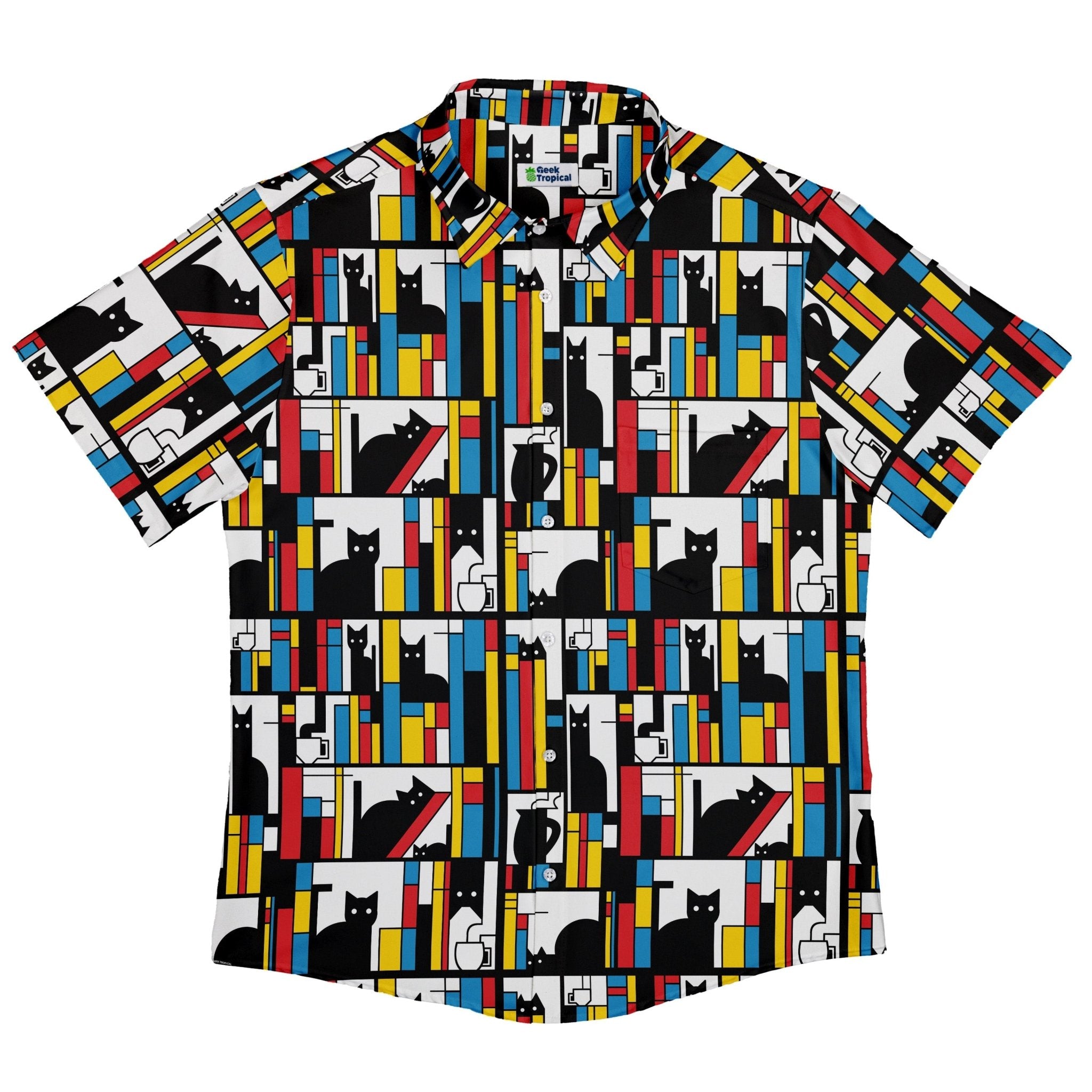 Mondrian Cat Library Button Up Shirt - adult sizing - Animal Patterns - Book Prints