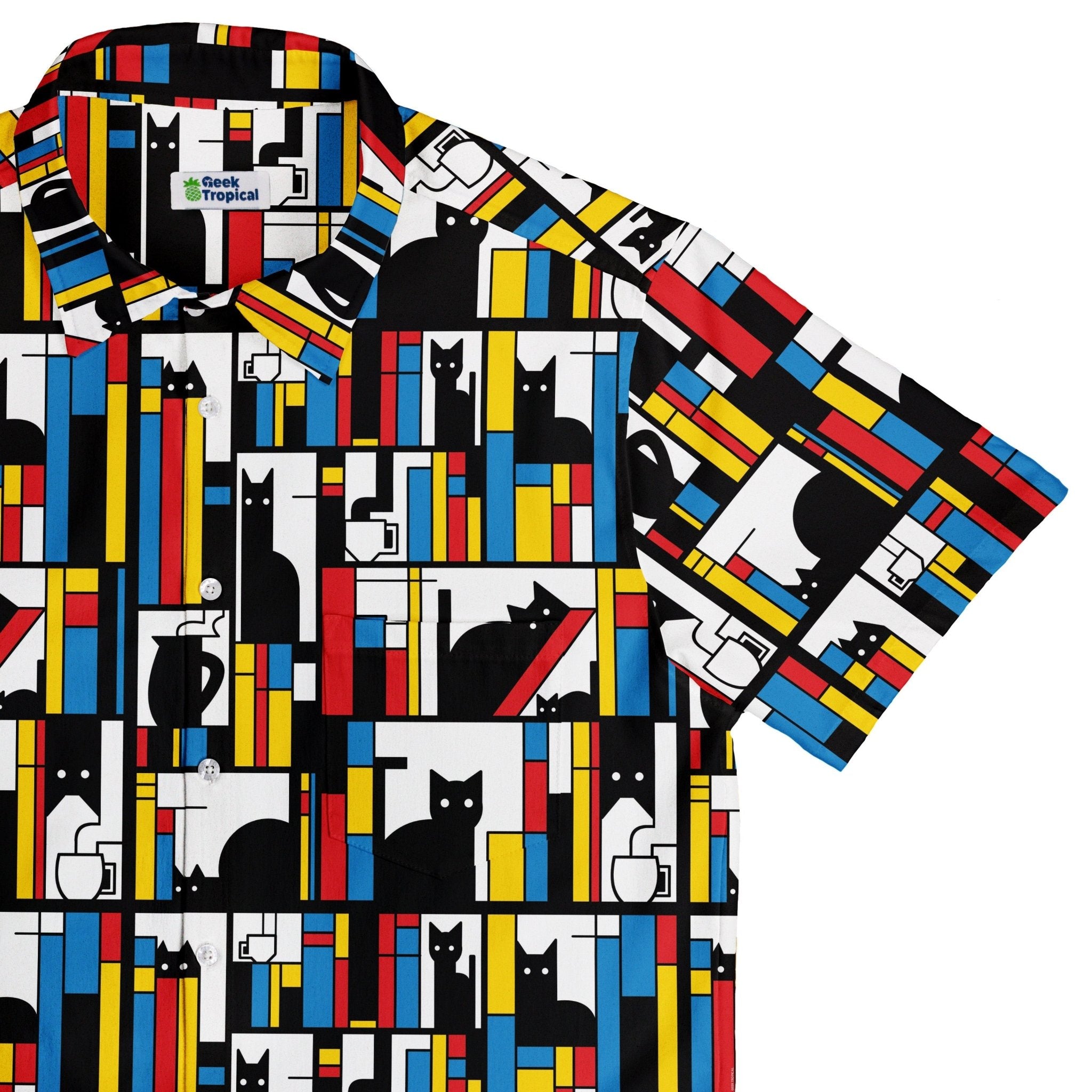 Mondrian Cat Library Button Up Shirt - adult sizing - Animal Patterns - Book Prints
