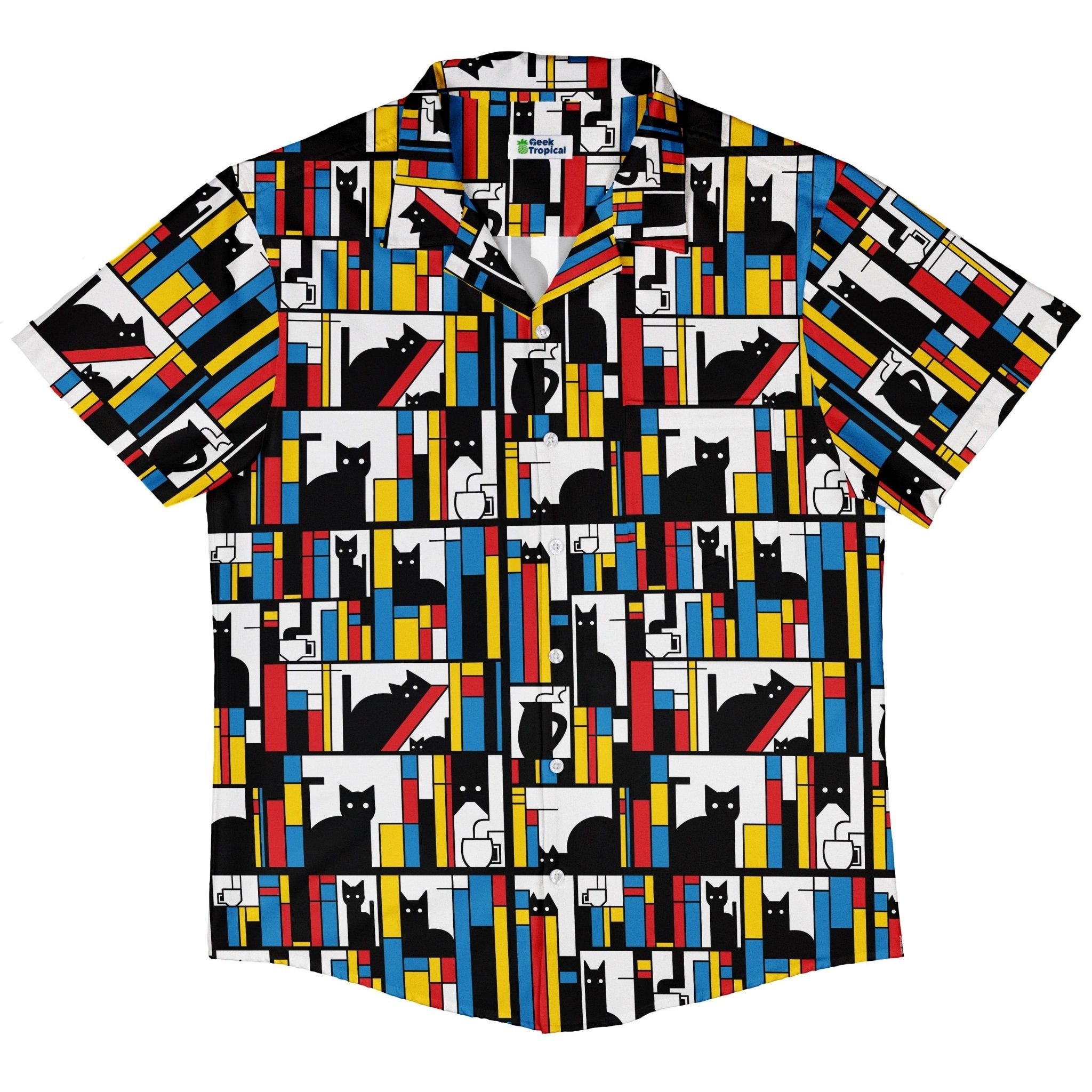 Mondrian Cat Library Button Up Shirt - adult sizing - Animal Patterns - Book Prints