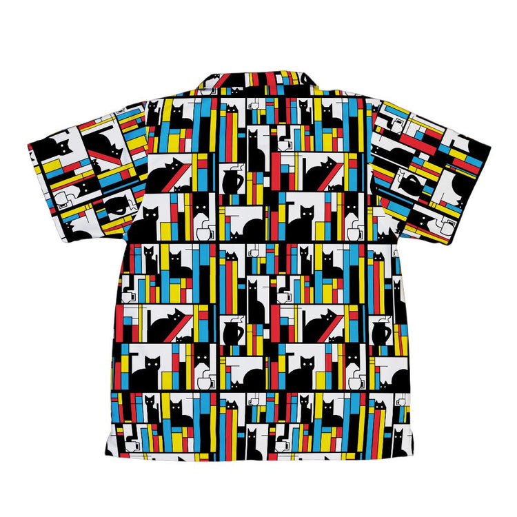 Mondrian Cat Library Youth Hawaiian Shirt - Animal Patterns - Book Prints - Design by Tobe Fonseca