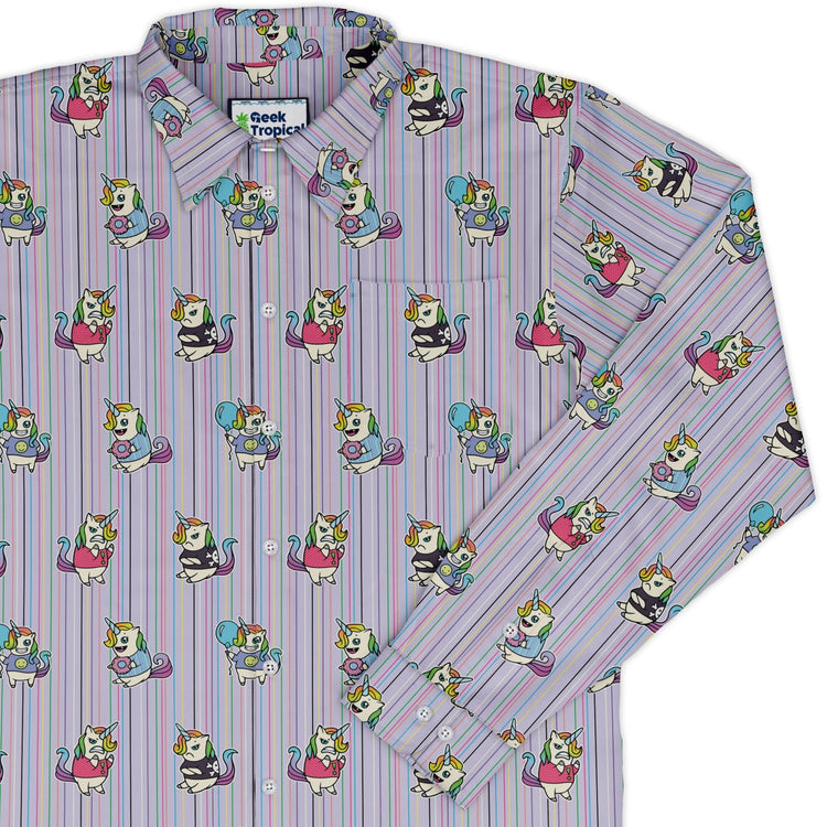 Moodicorn Rainbow Stripes Long Sleeve Button Up Shirt Geek Nerd adult sizing Design By Brigid Ashwood Fantasy Prints