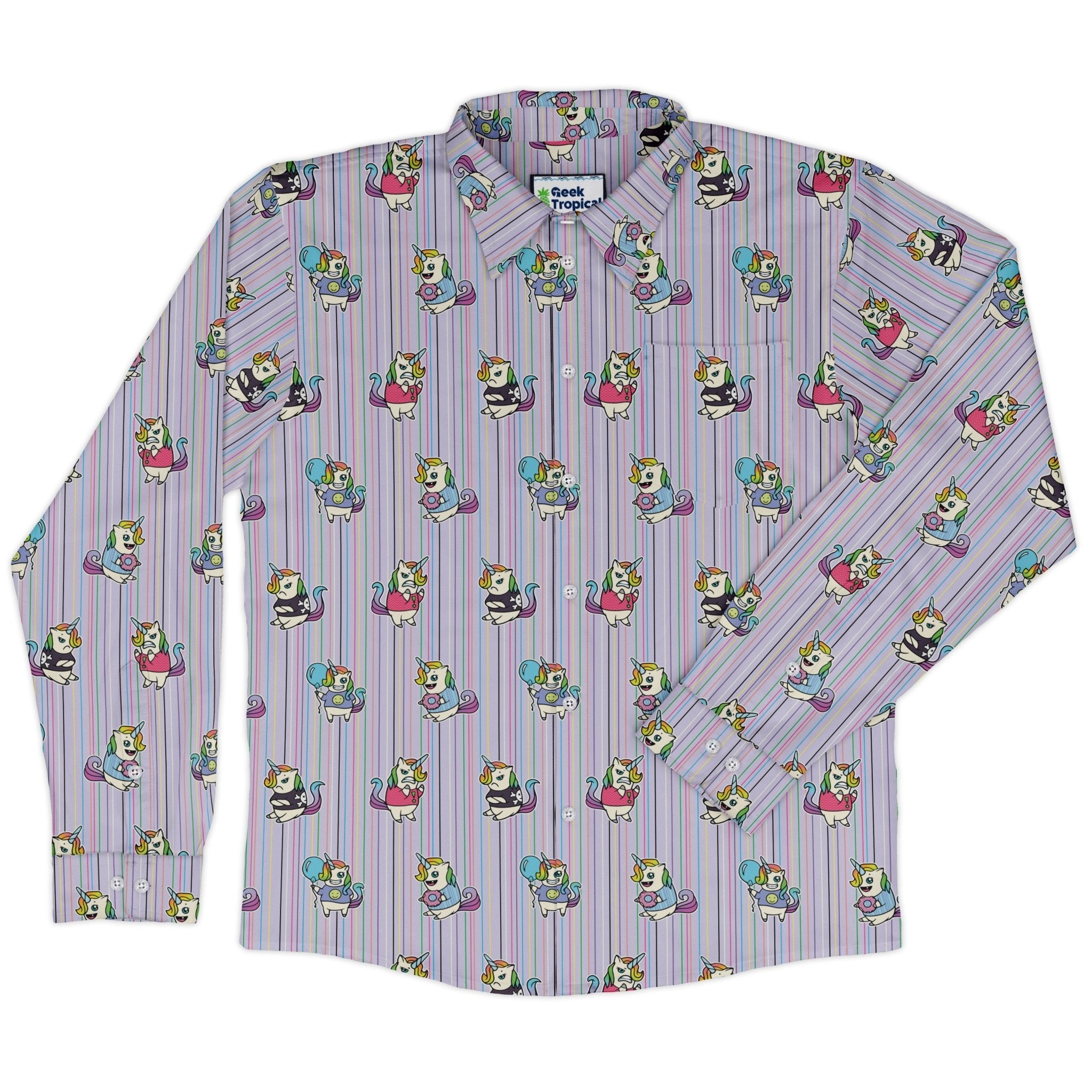 Moodicorn Rainbow Stripes Long Sleeve Button Up Shirt Geek Nerd adult sizing Design By Brigid Ashwood Fantasy Prints