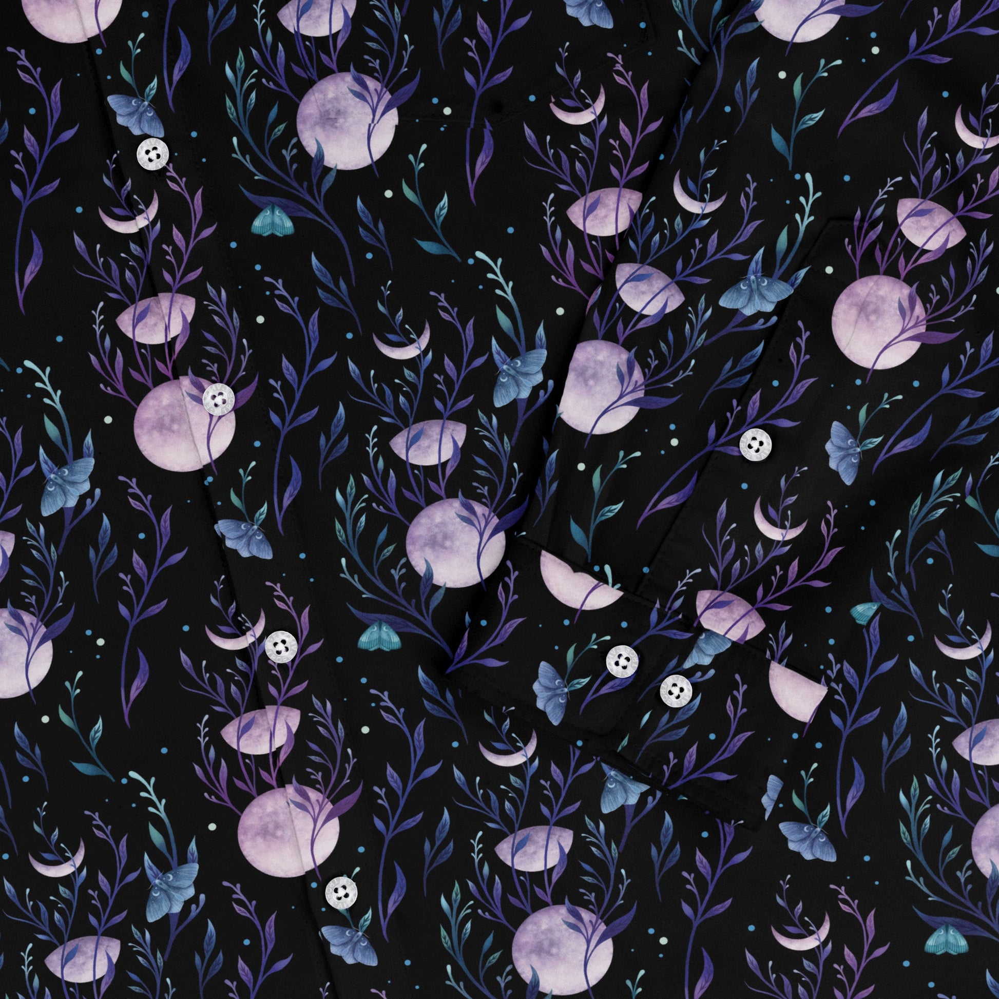 Moon Phase Garden Long Sleeve Button Up Shirt sleeve close
