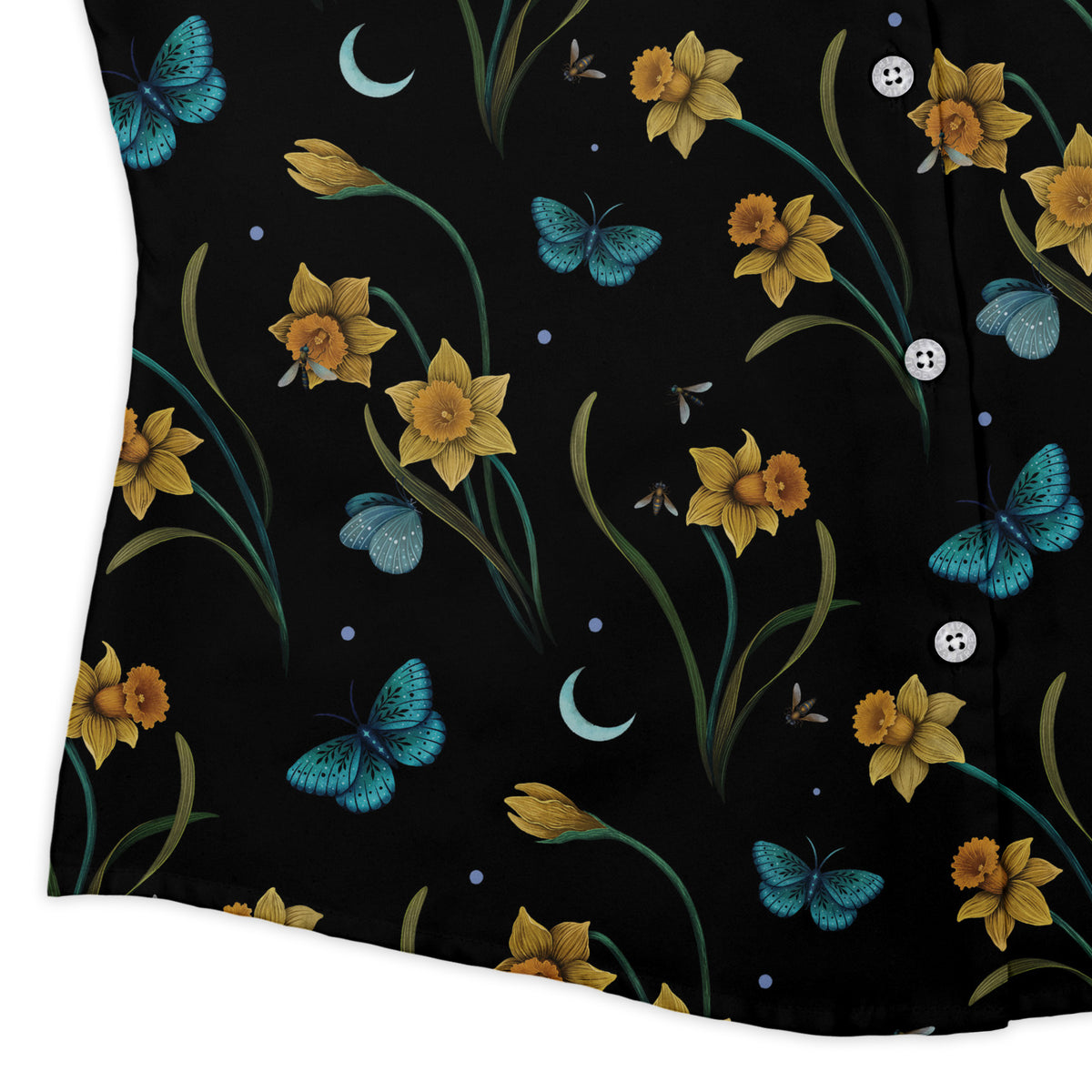 Moonlit Daffodil Garden Curvy Button Up Shirt womens corner