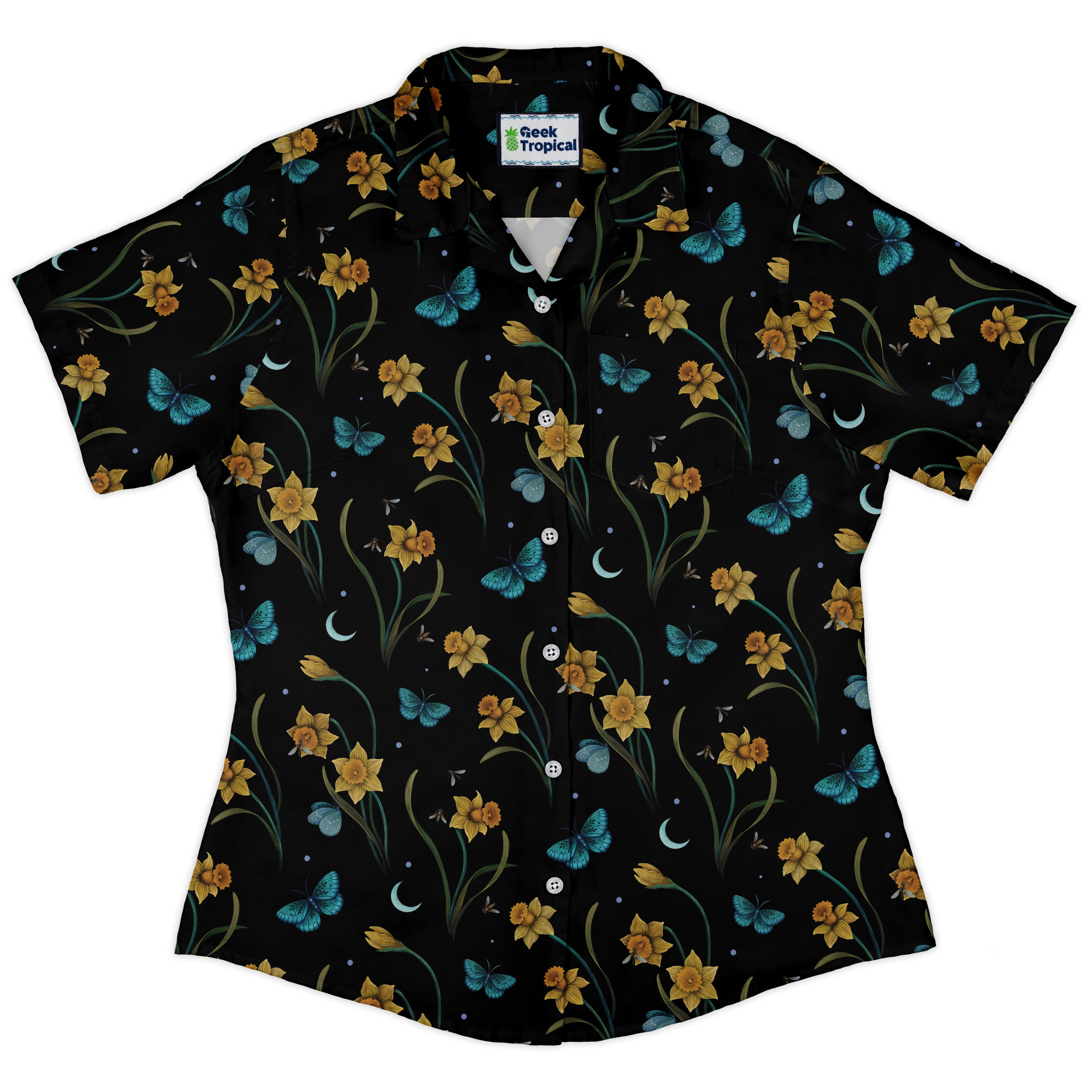 Moonlit Daffodil Garden Curvy Button Up Shirt womens front