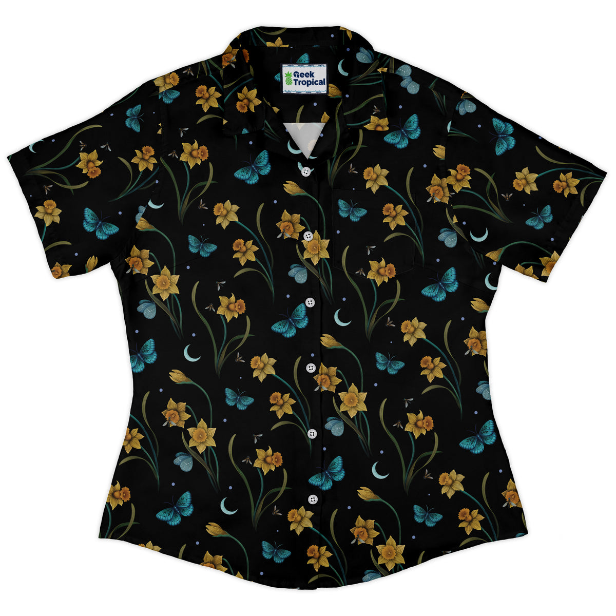 Moonlit Daffodil Garden Curvy Button Up Shirt womens front