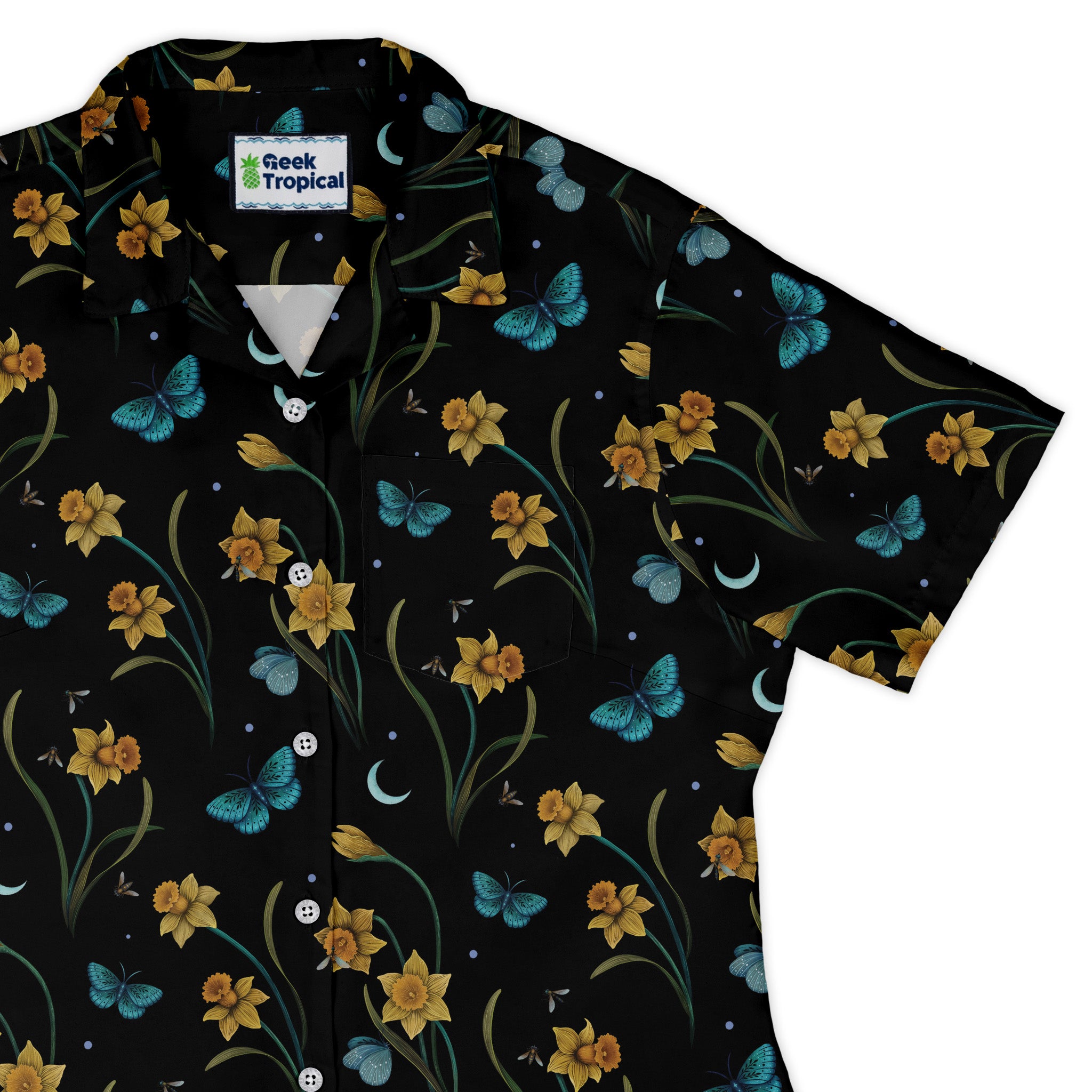 Moonlit Daffodil Garden Curvy Button Up Shirt womens top right