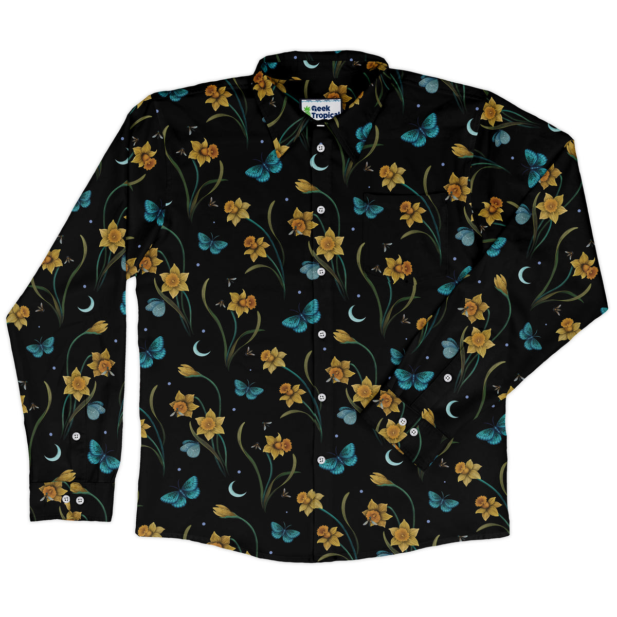 Moonlit Daffodil Garden Long Sleeve Button Up Shirt front