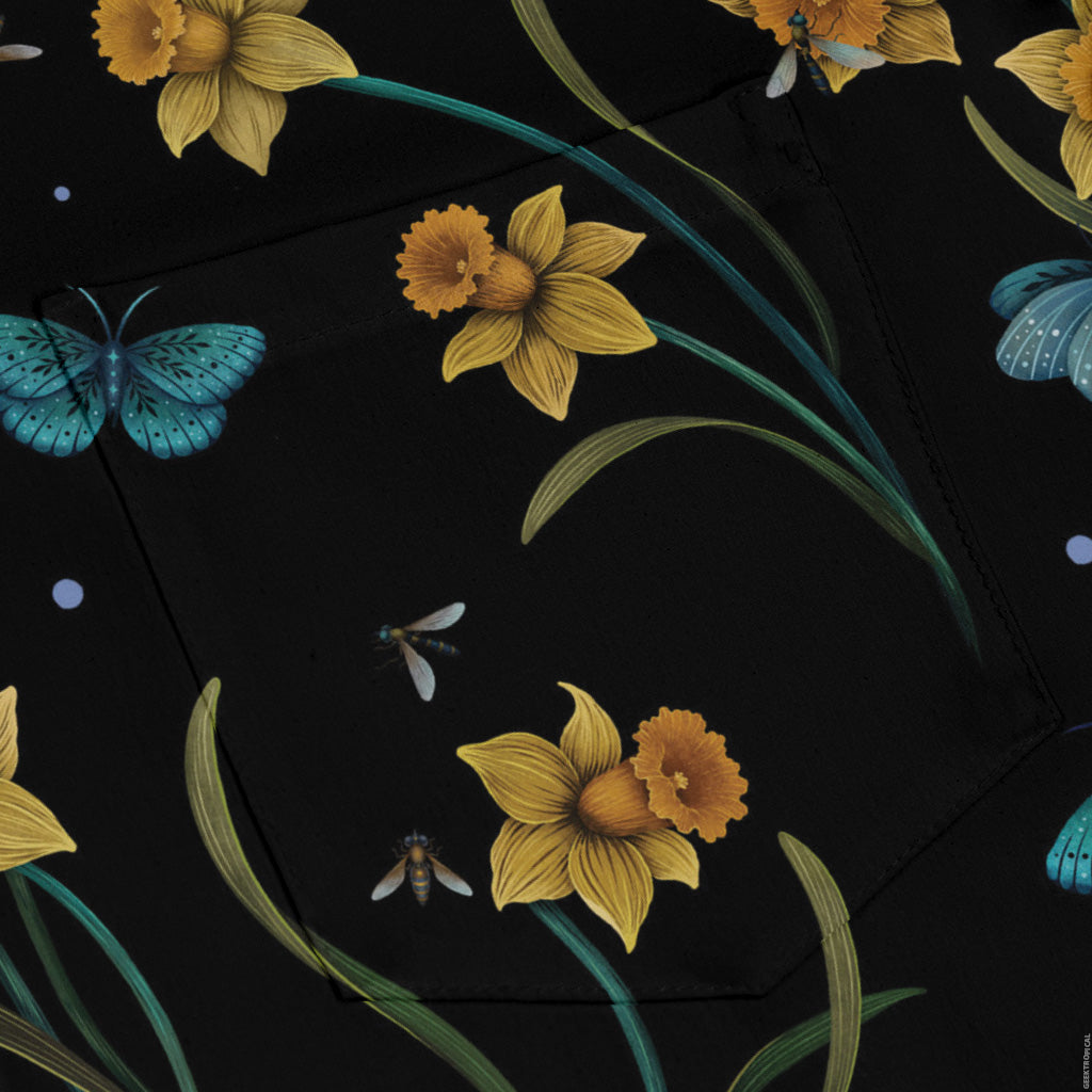 Moonlit Daffodil Garden Long Sleeve Button Up Shirt pocket