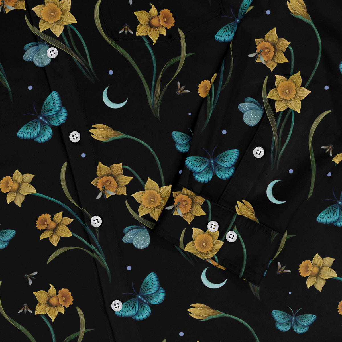 Moonlit Daffodil Garden Long Sleeve Button Up Shirt sleeve close