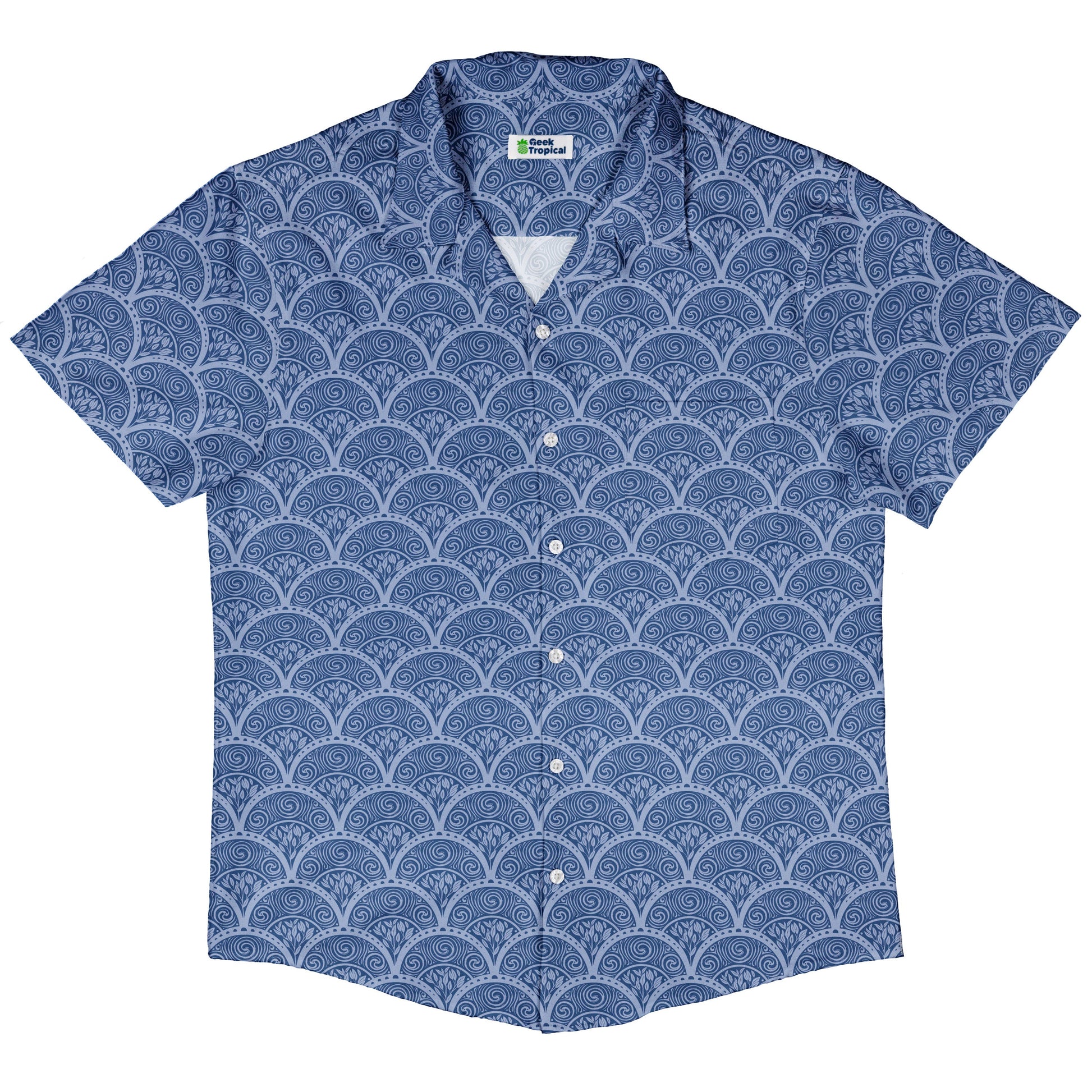 Moonlit Scallop Nouveau Blue Button Up Shirt Hawaiian Front