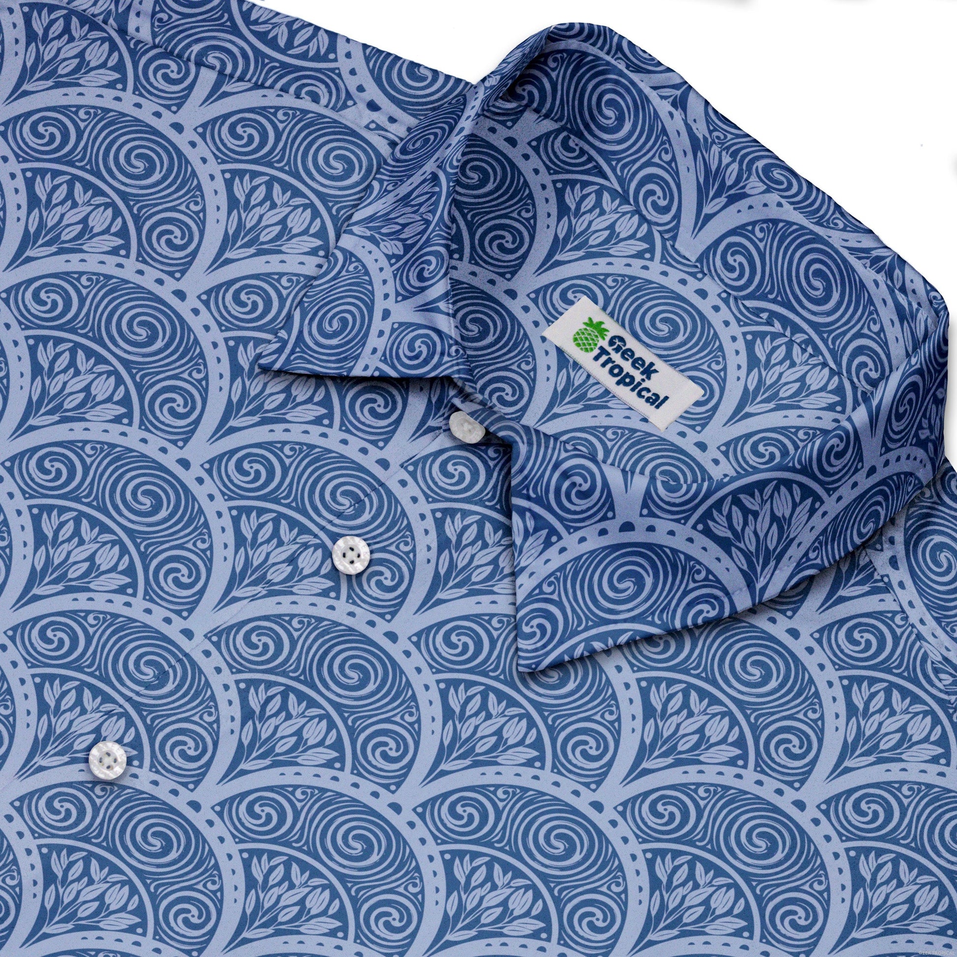 Moonlit Scallop Nouveau Blue Button Up Shirt Neck