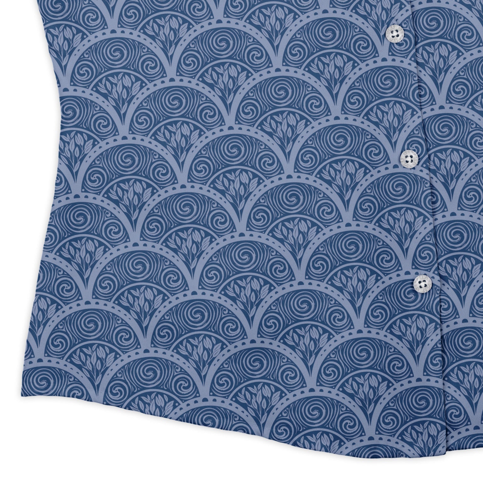 Moonlit Scallop Nouveau Blue Curvy Button Up Shirt womens corner