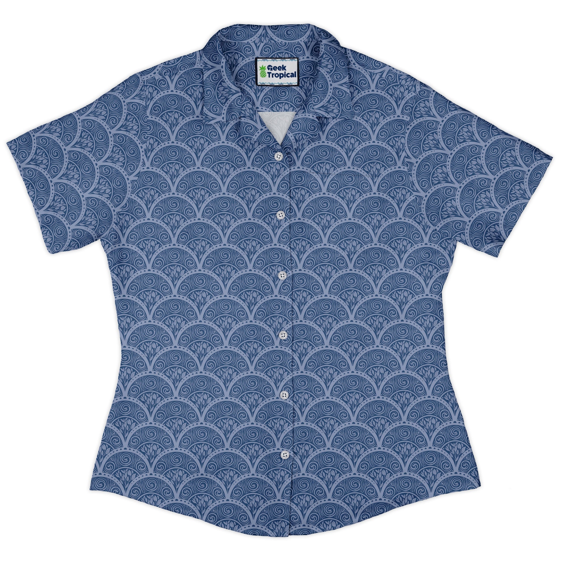 Moonlit Scallop Nouveau Blue Curvy Button Up Shirt womens front