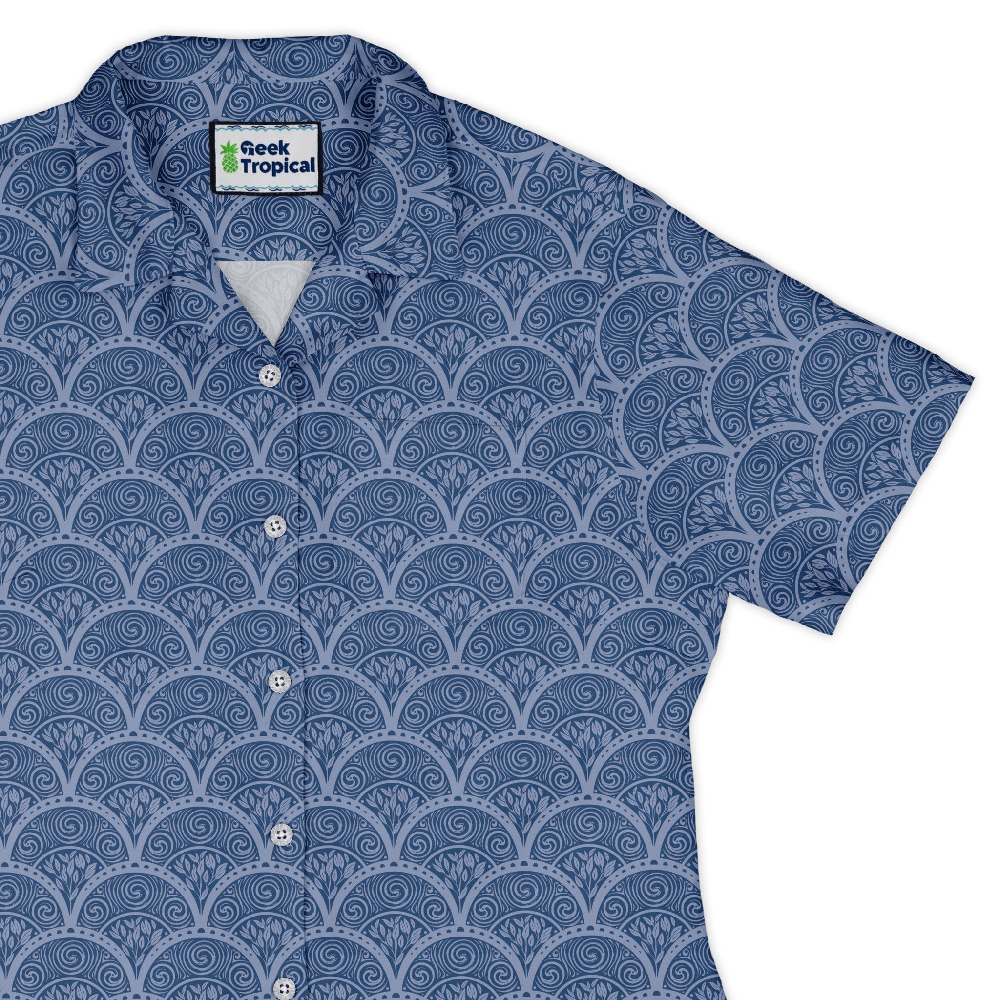 Moonlit Scallop Nouveau Blue Curvy Button Up Shirt womens top right