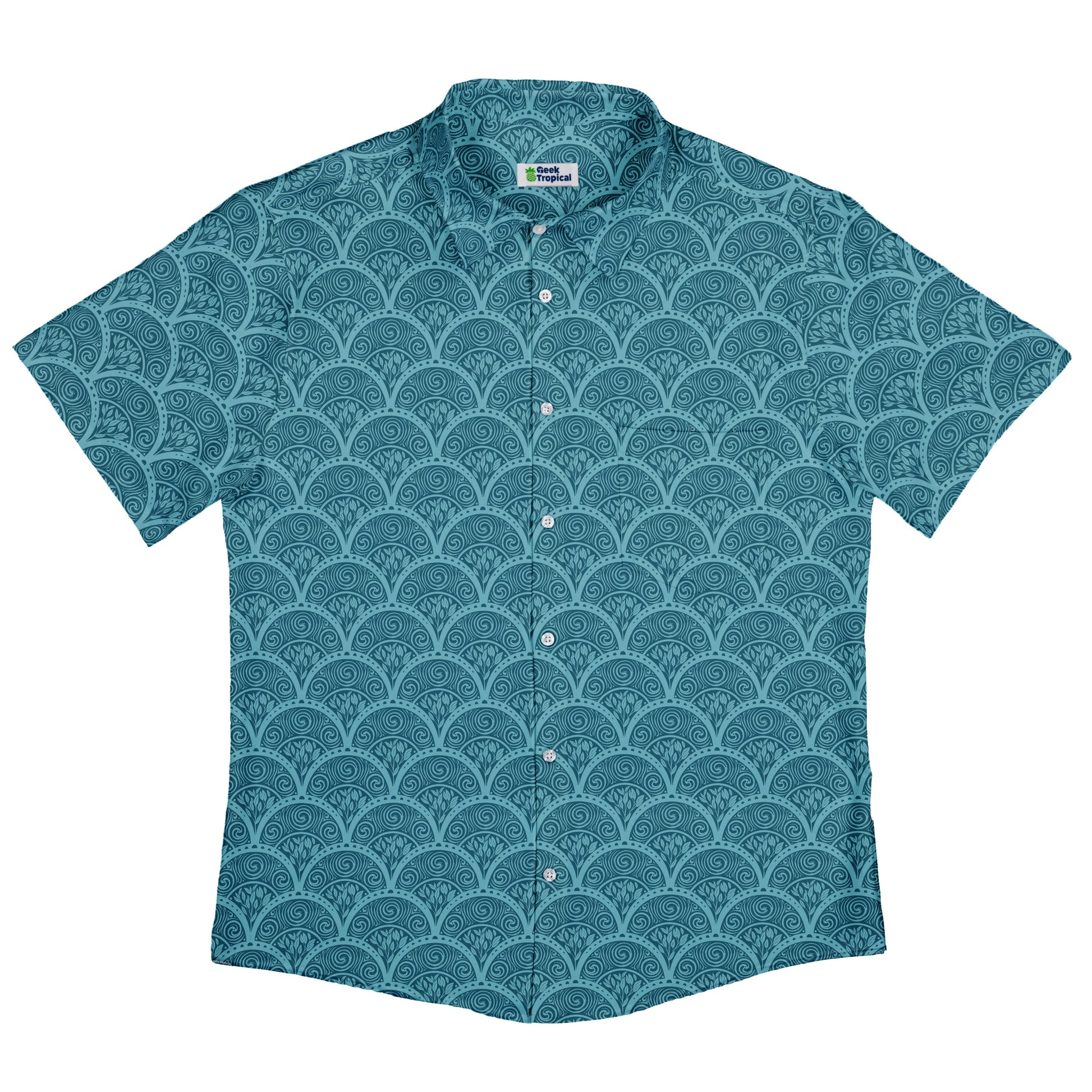 Moonlit Scallop Nouveau Teal Button Up Shirt Flat Front