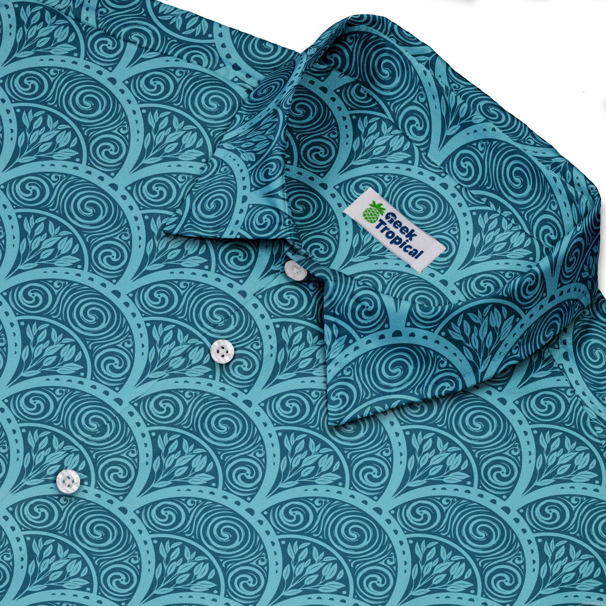Moonlit Scallop Nouveau Teal Button Up Shirt Neck