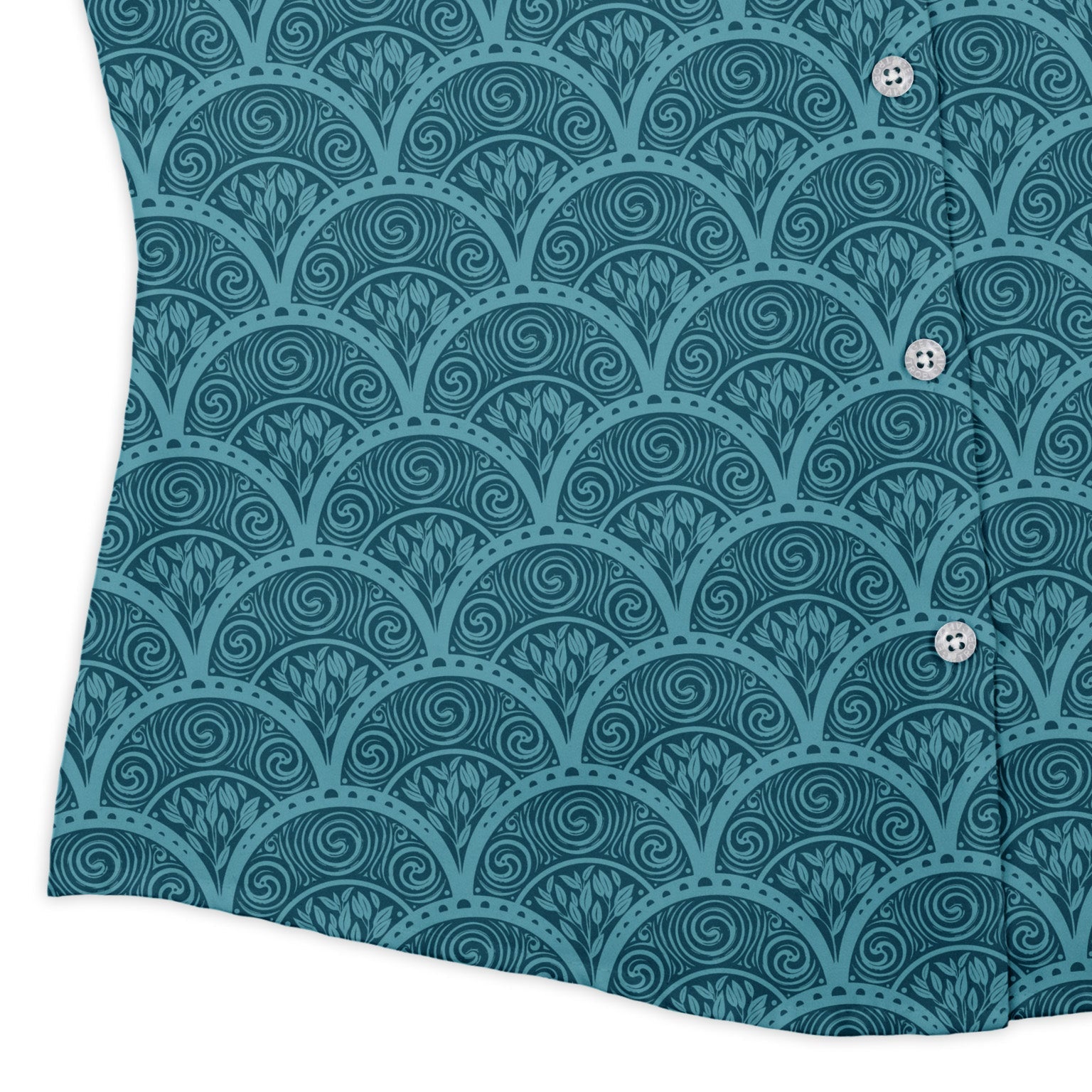 Moonlit Scallop Nouveau Teal Curvy Button Up Shirt womens corner