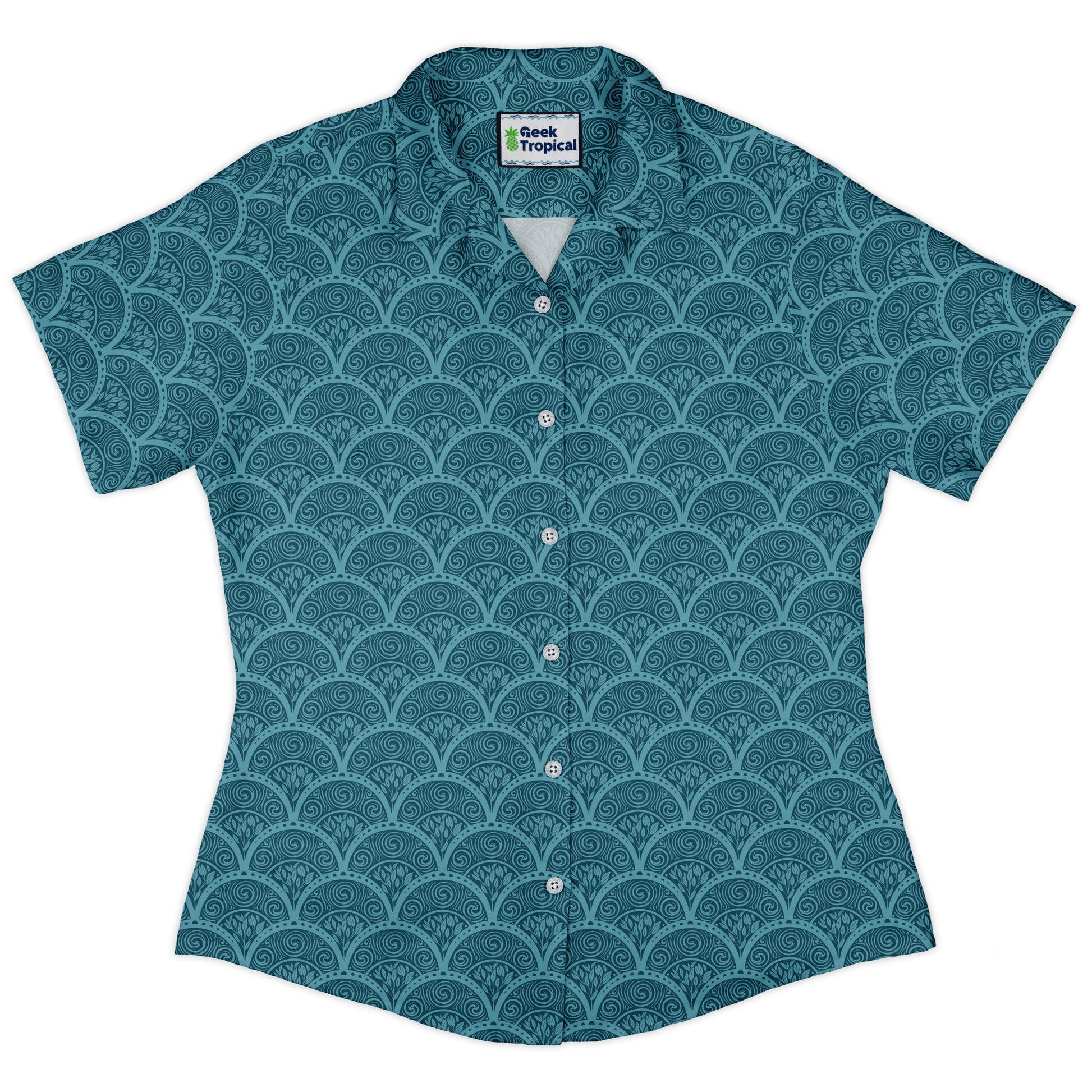 Moonlit Scallop Nouveau Teal Curvy Button Up Shirt womens front