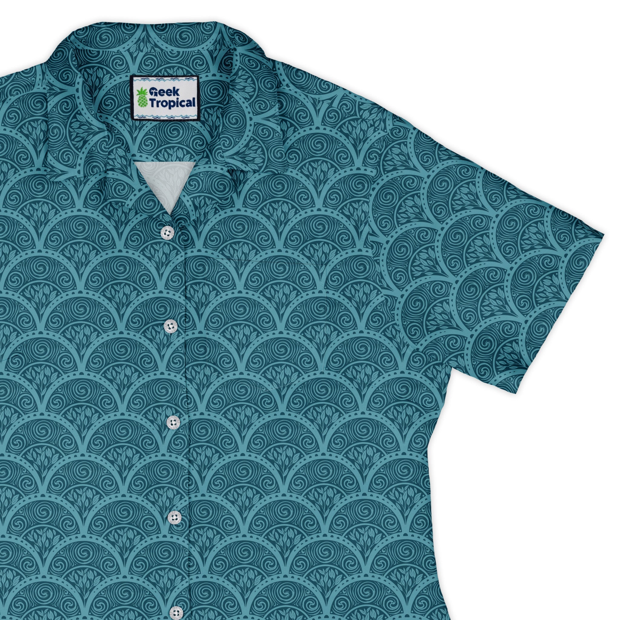 Moonlit Scallop Nouveau Teal Curvy Button Up Shirt womens top right