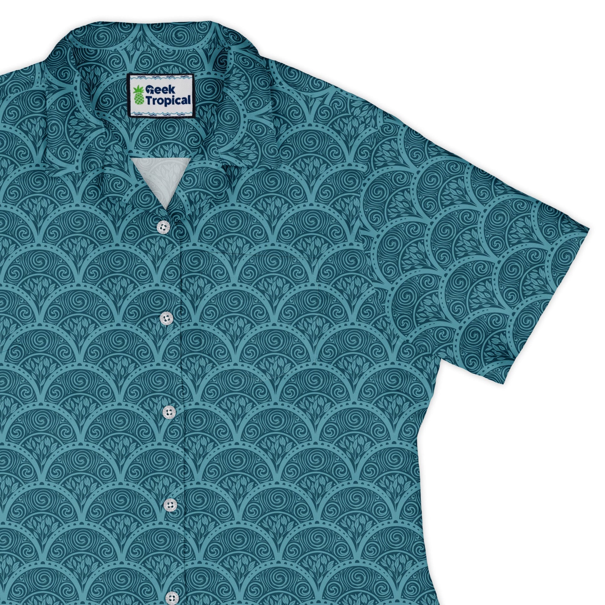 Moonlit Scallop Nouveau Teal Curvy Button Up Shirt womens top right