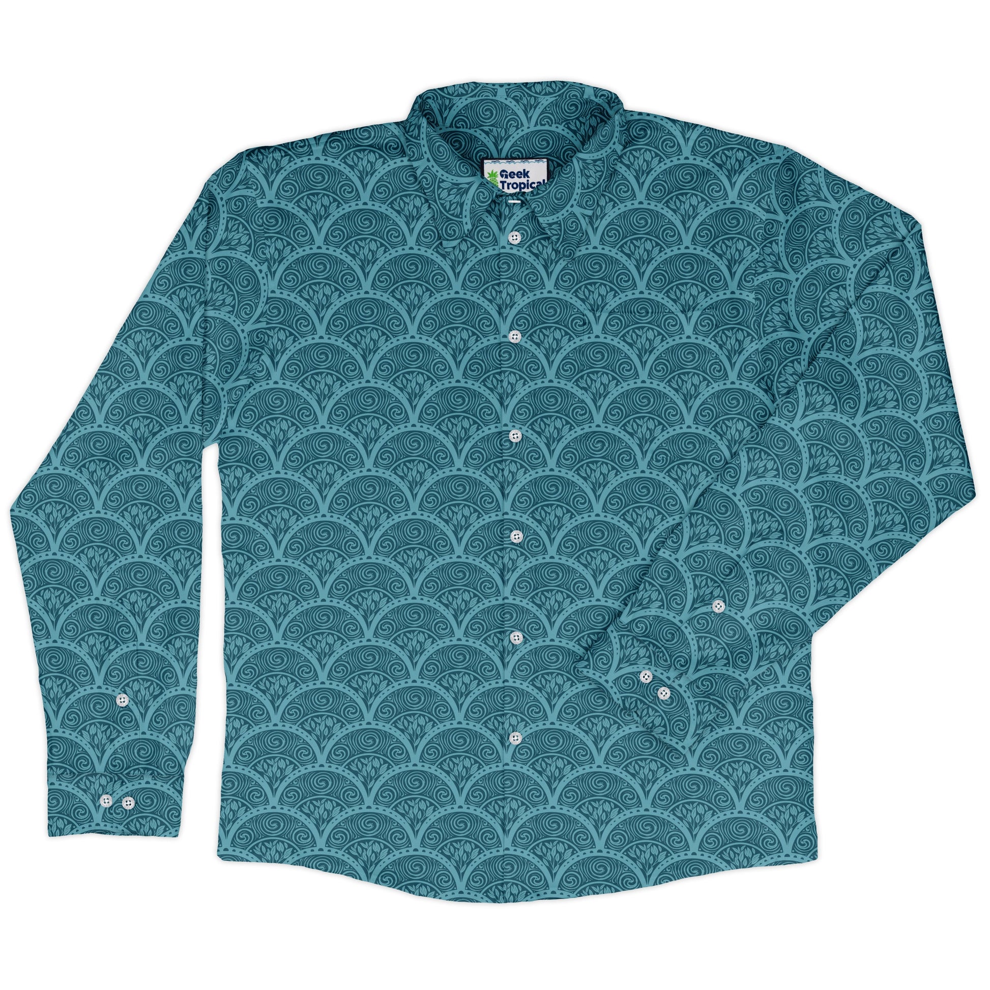 Moonlit Scallop Nouveau Teal Long Sleeve Button Up Shirt front