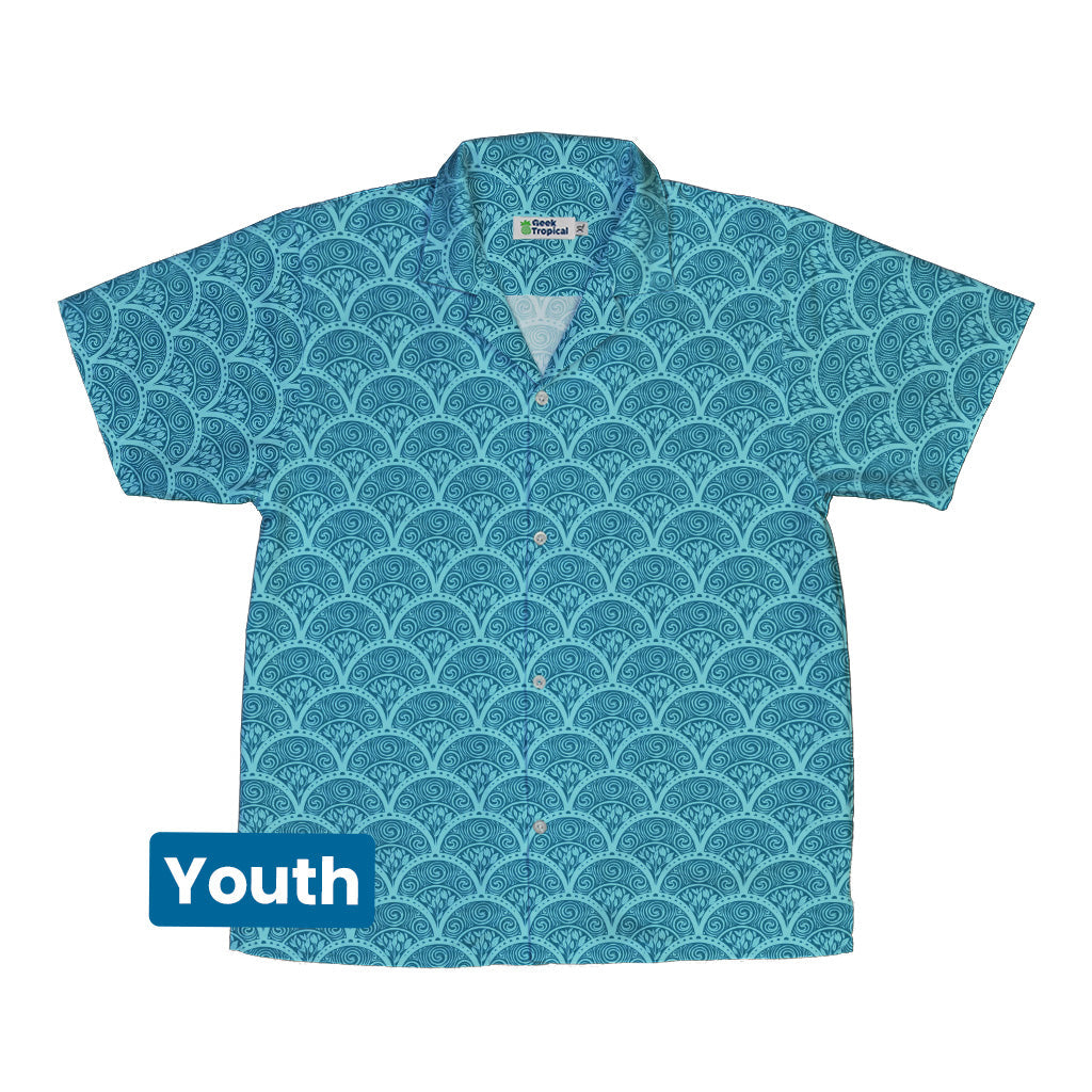 Moonlit Scallop Nouveau Teal Youth Hawaiian Shirt Front