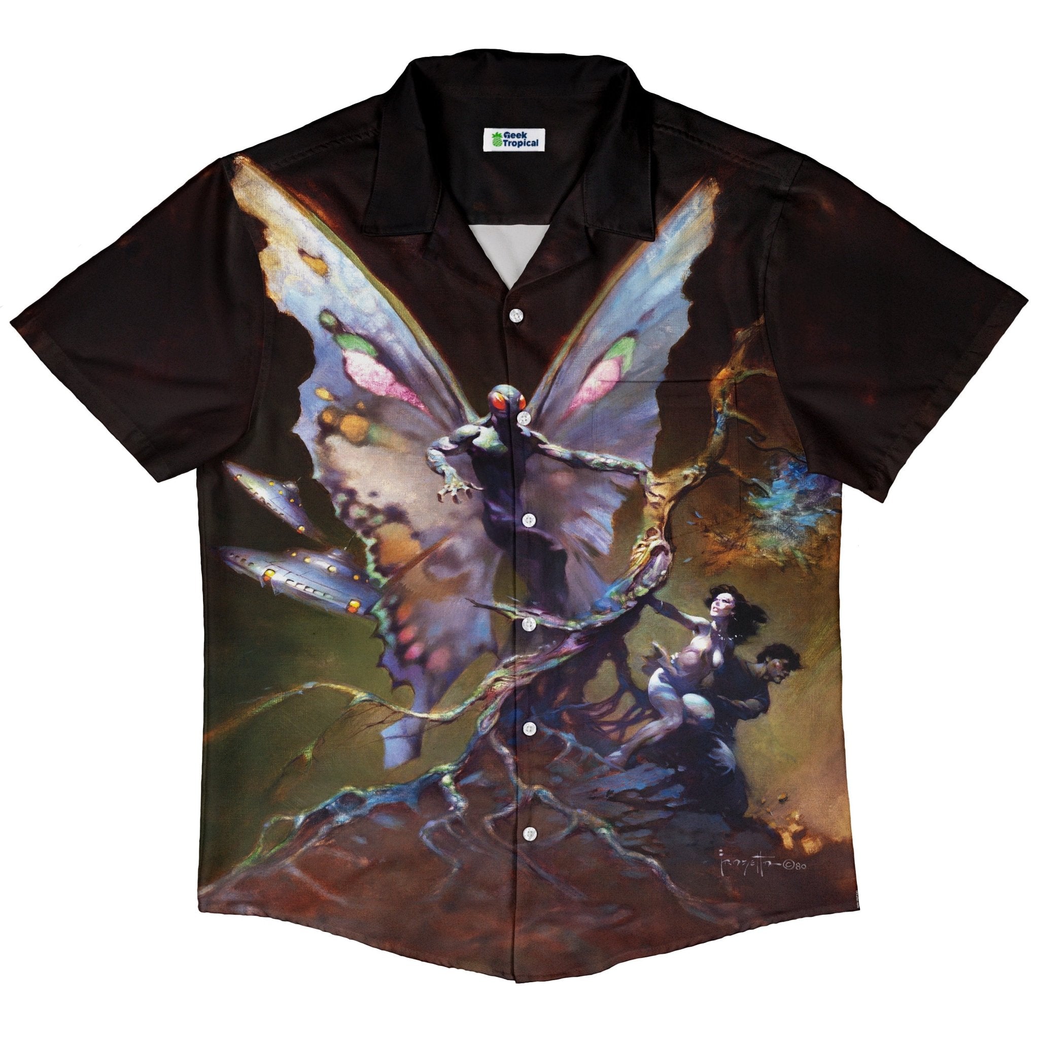 Mothman Button Up Shirt - adult sizing - Design by Frank Frazetta - Fantasy Prints