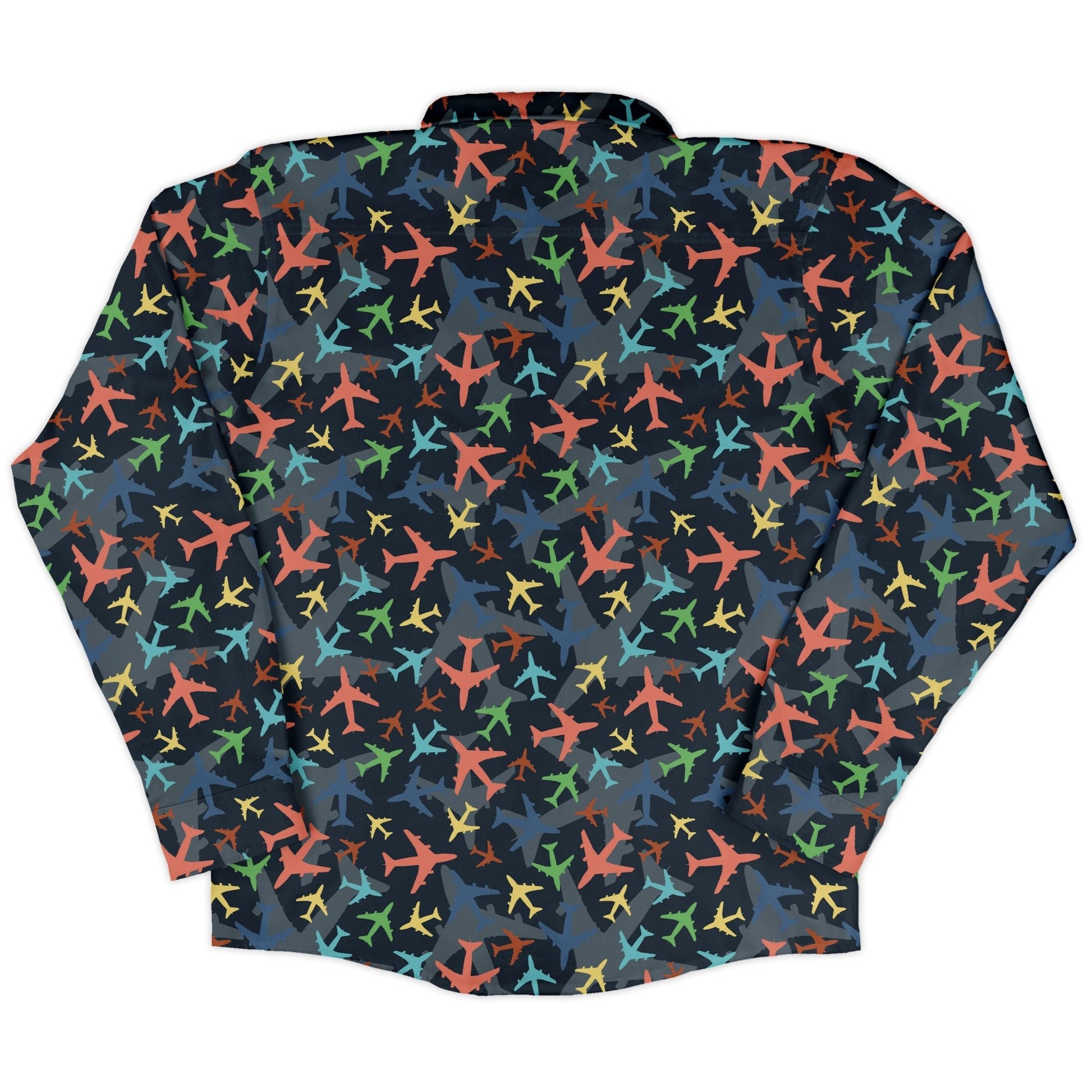 Multi Colored Airplanes on Blue Long Sleeve Button Up Shirt Geek Nerd adult sizing aviation print FLOW DESC WRITING