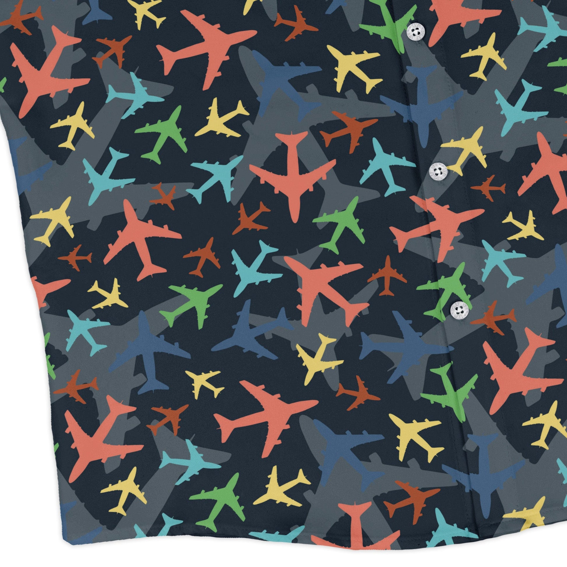 Multi Colored Airplanes on Blue Long Sleeve Button Up Shirt Geek Nerd adult sizing aviation print FLOW DESC WRITING