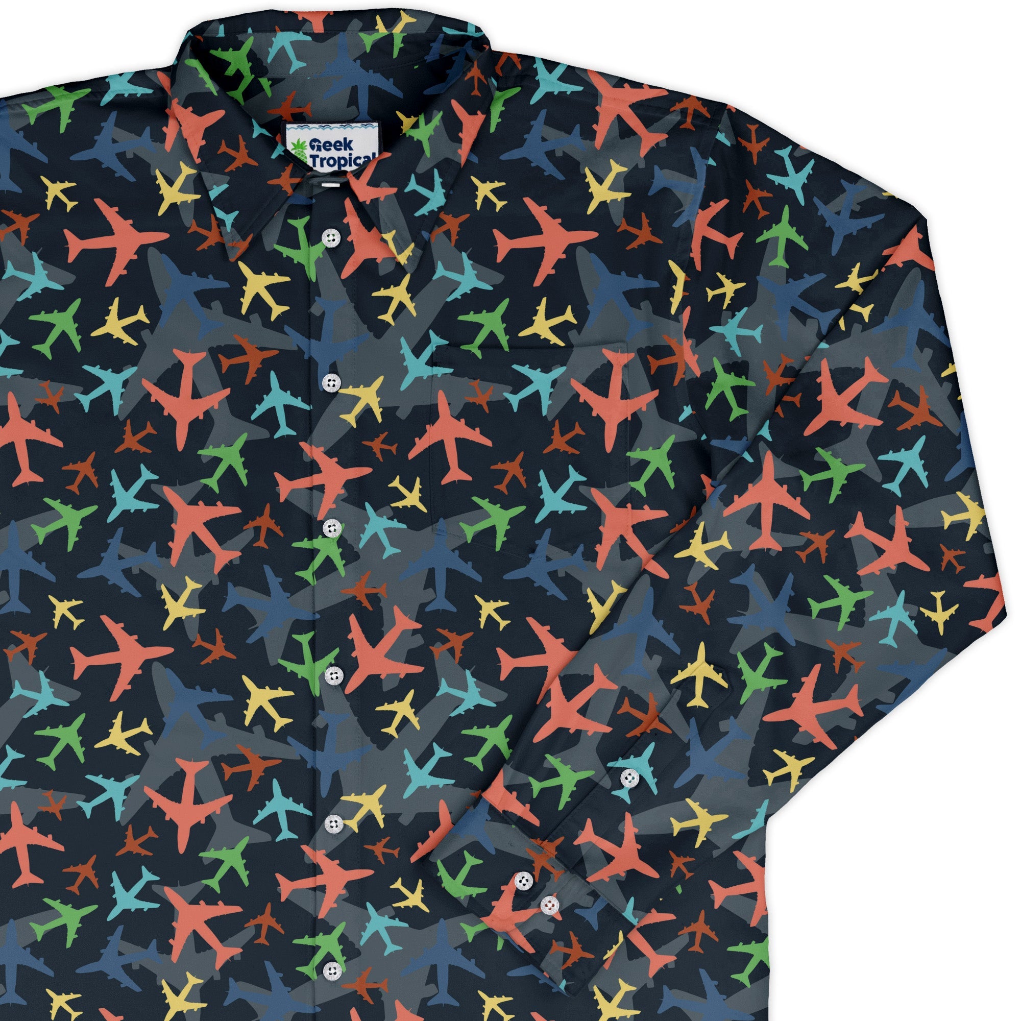 Multi Colored Airplanes on Blue Long Sleeve Button Up Shirt Geek Nerd adult sizing aviation print FLOW DESC WRITING