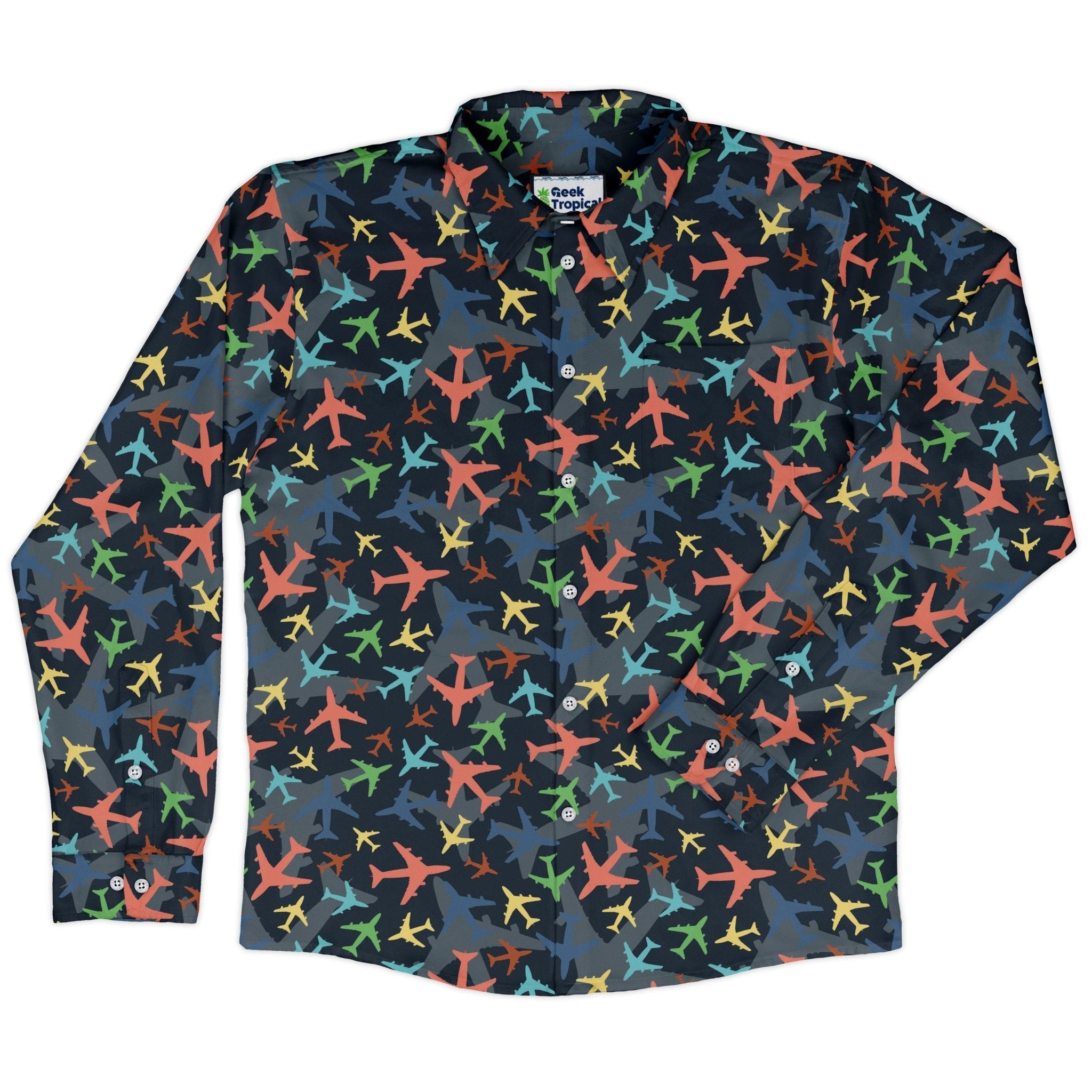 Multi Colored Airplanes on Blue Long Sleeve Button Up Shirt Geek Nerd adult sizing aviation print FLOW DESC WRITING