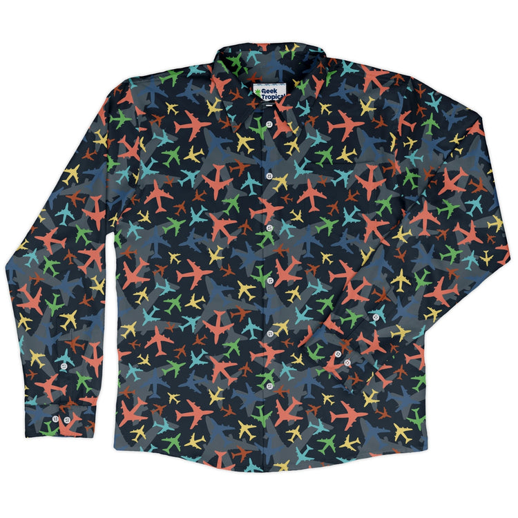 Multi Colored Airplanes on Blue Long Sleeve Button Up Shirt Geek Nerd adult sizing aviation print FLOW DESC WRITING