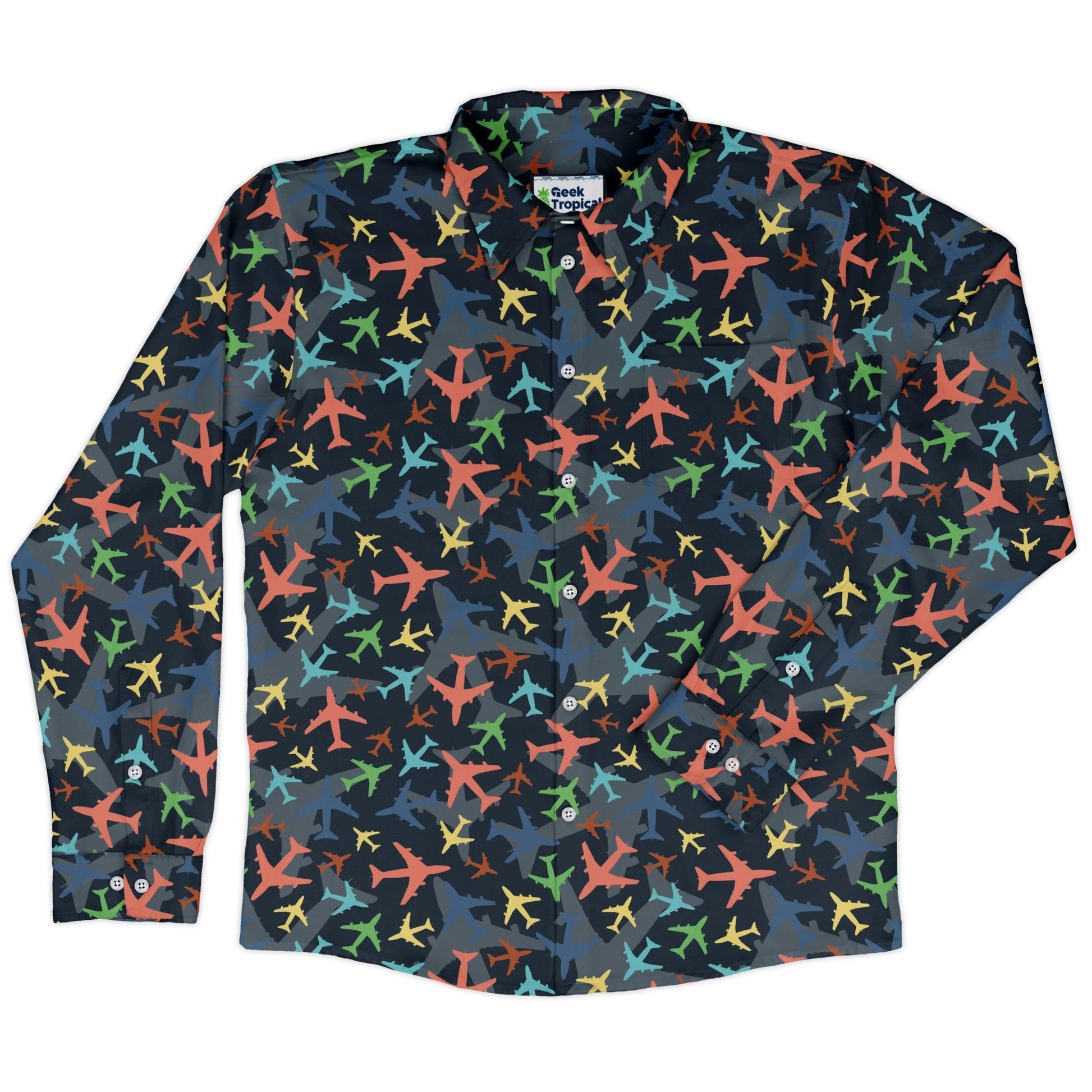 Multi Colored Airplanes on Blue Long Sleeve Button Up Shirt Geek Nerd adult sizing aviation print FLOW DESC WRITING