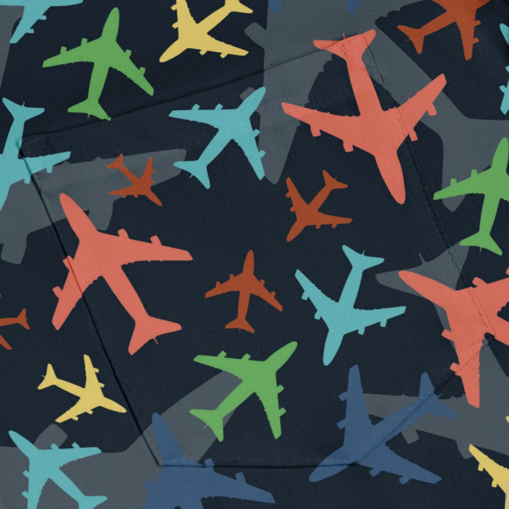 Multi Colored Airplanes on Blue Long Sleeve Button Up Shirt Geek Nerd adult sizing aviation print FLOW DESC WRITING