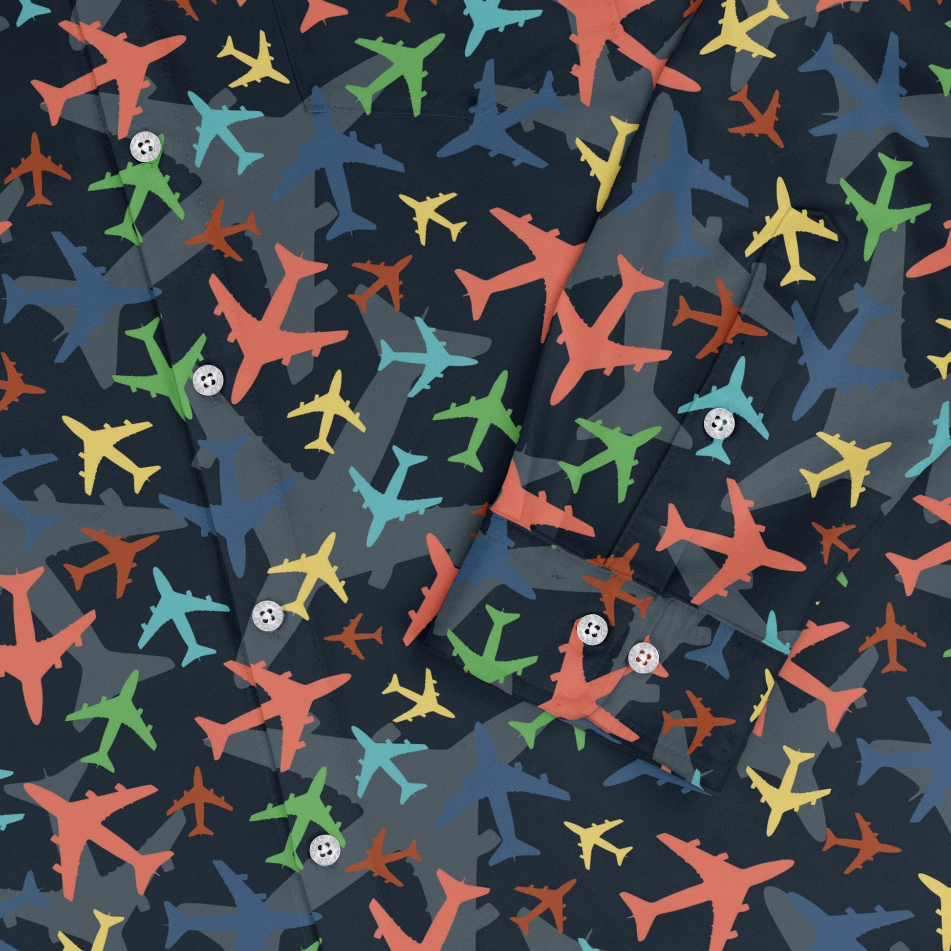 Multi Colored Airplanes on Blue Long Sleeve Button Up Shirt Geek Nerd adult sizing aviation print FLOW DESC WRITING