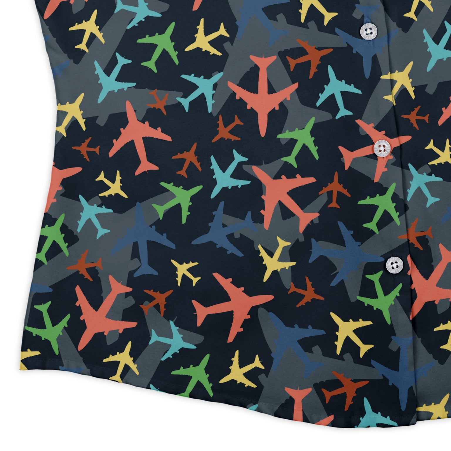 Multi Colored Airplanes on Blue Curvy Button Up Shirt Geek Nerd aviation print women