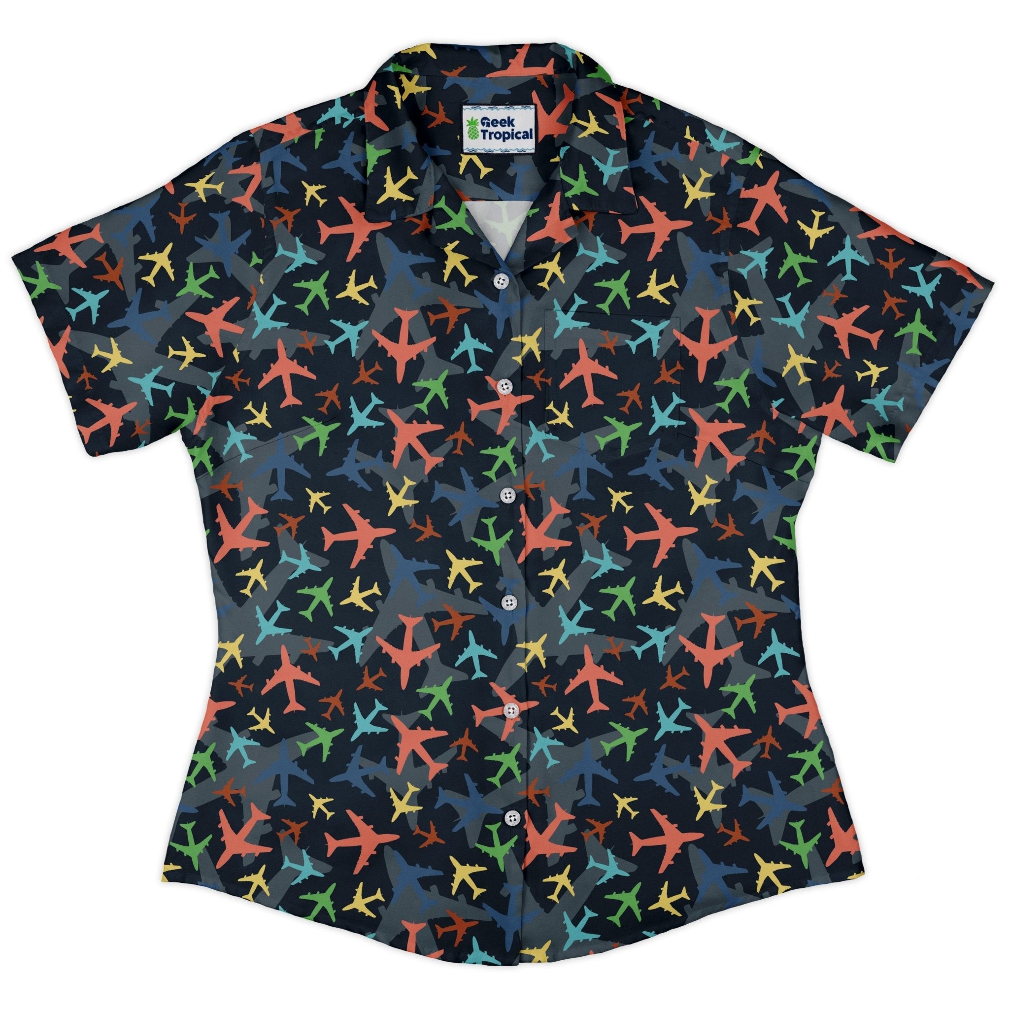 Multi Colored Airplanes on Blue Curvy Button Up Shirt Geek Nerd aviation print women