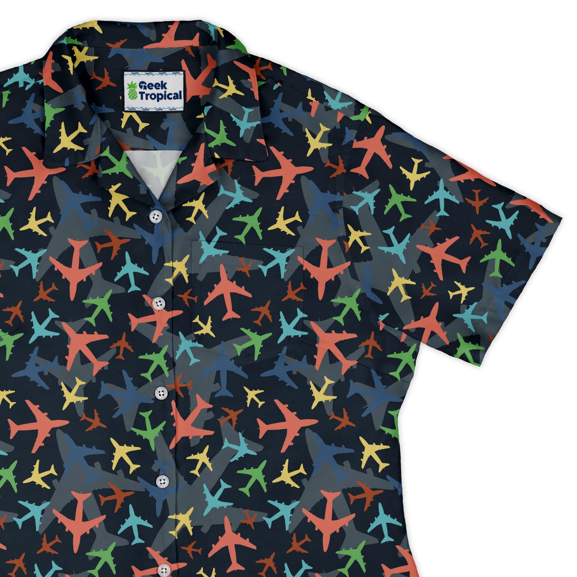 Multi Colored Airplanes on Blue Curvy Button Up Shirt Geek Nerd aviation print women
