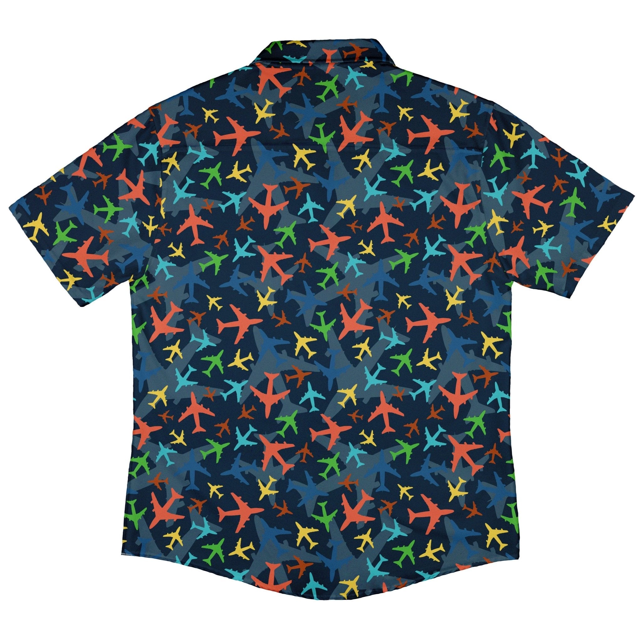 Multi Colored Airplanes on Blue Button Up Shirt - adult sizing - aviation print -