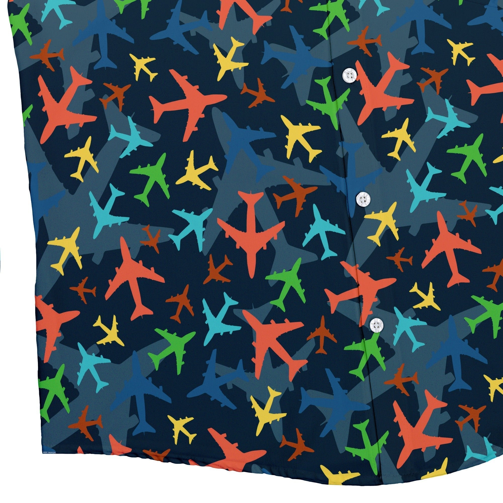 Multi Colored Airplanes on Blue Button Up Shirt - adult sizing - aviation print -