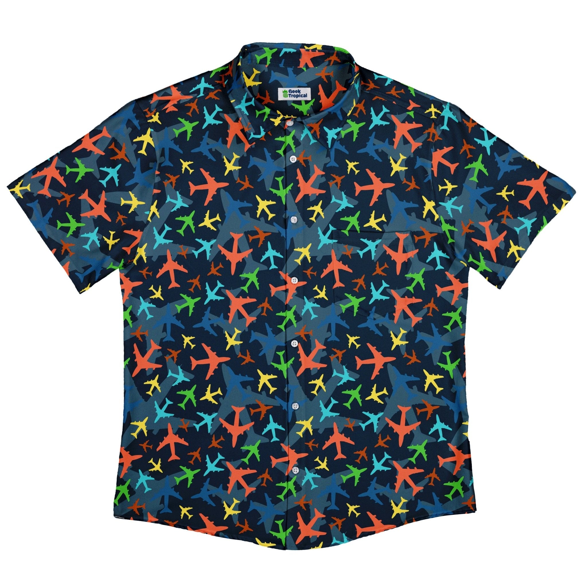 Multi Colored Airplanes on Blue Button Up Shirt - adult sizing - aviation print -