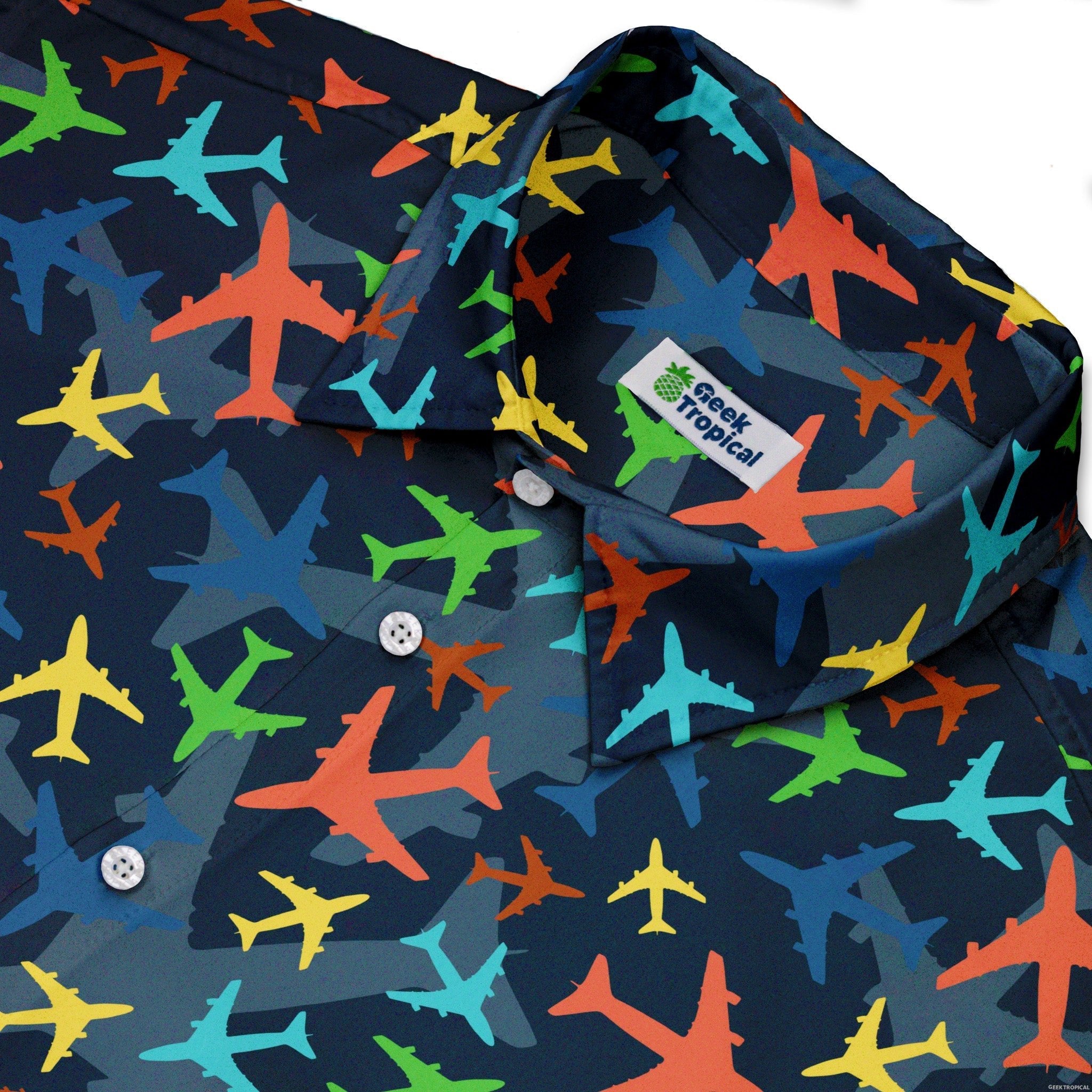 Multi Colored Airplanes on Blue Button Up Shirt - adult sizing - aviation print -