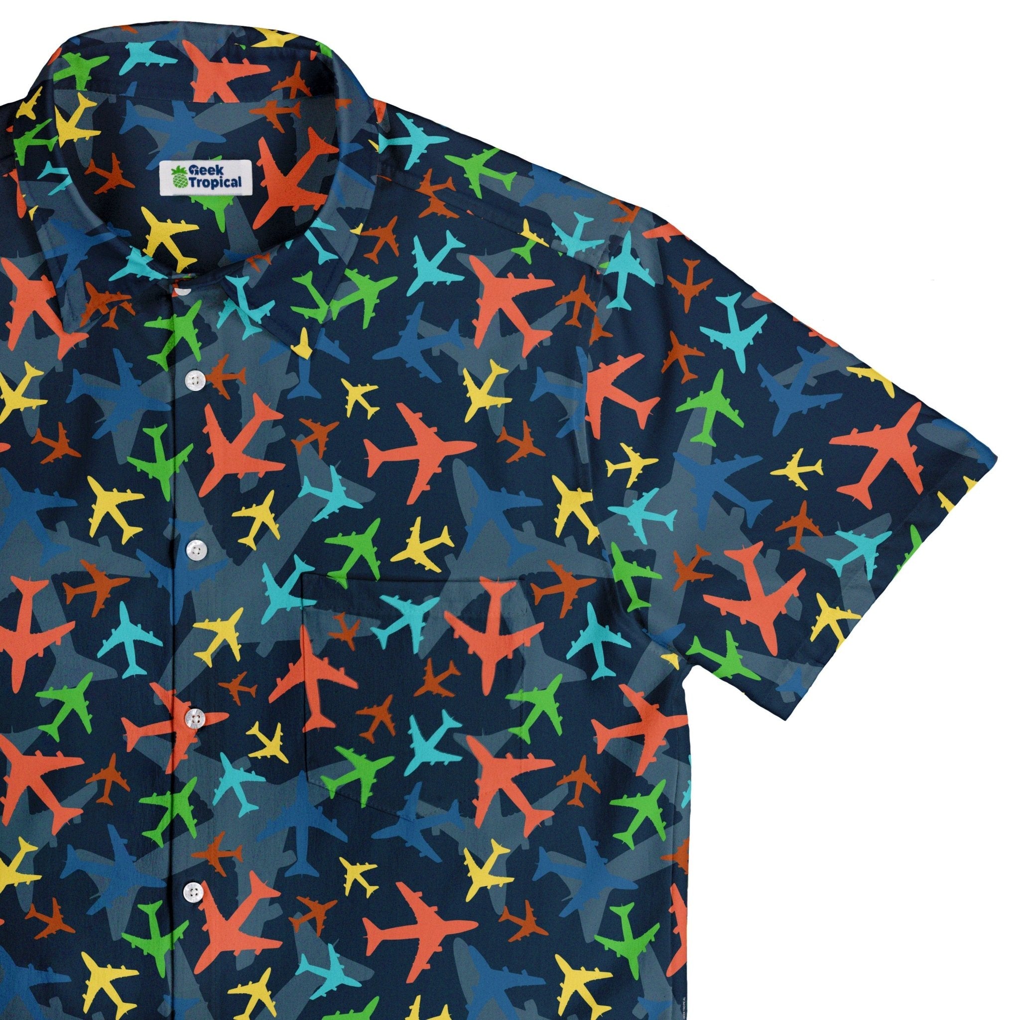 Multi Colored Airplanes on Blue Button Up Shirt - adult sizing - aviation print -