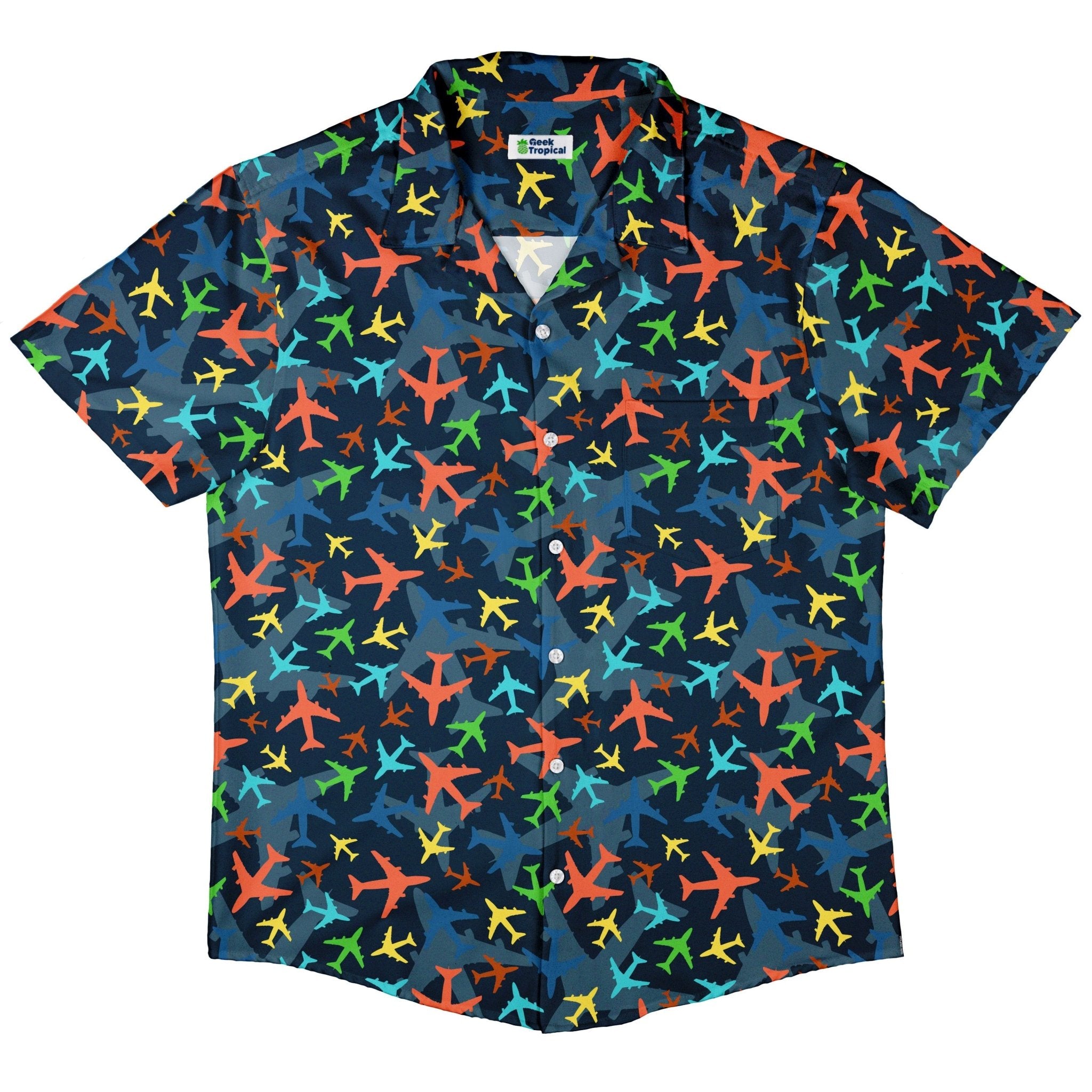 Multi Colored Airplanes on Blue Button Up Shirt - adult sizing - aviation print -