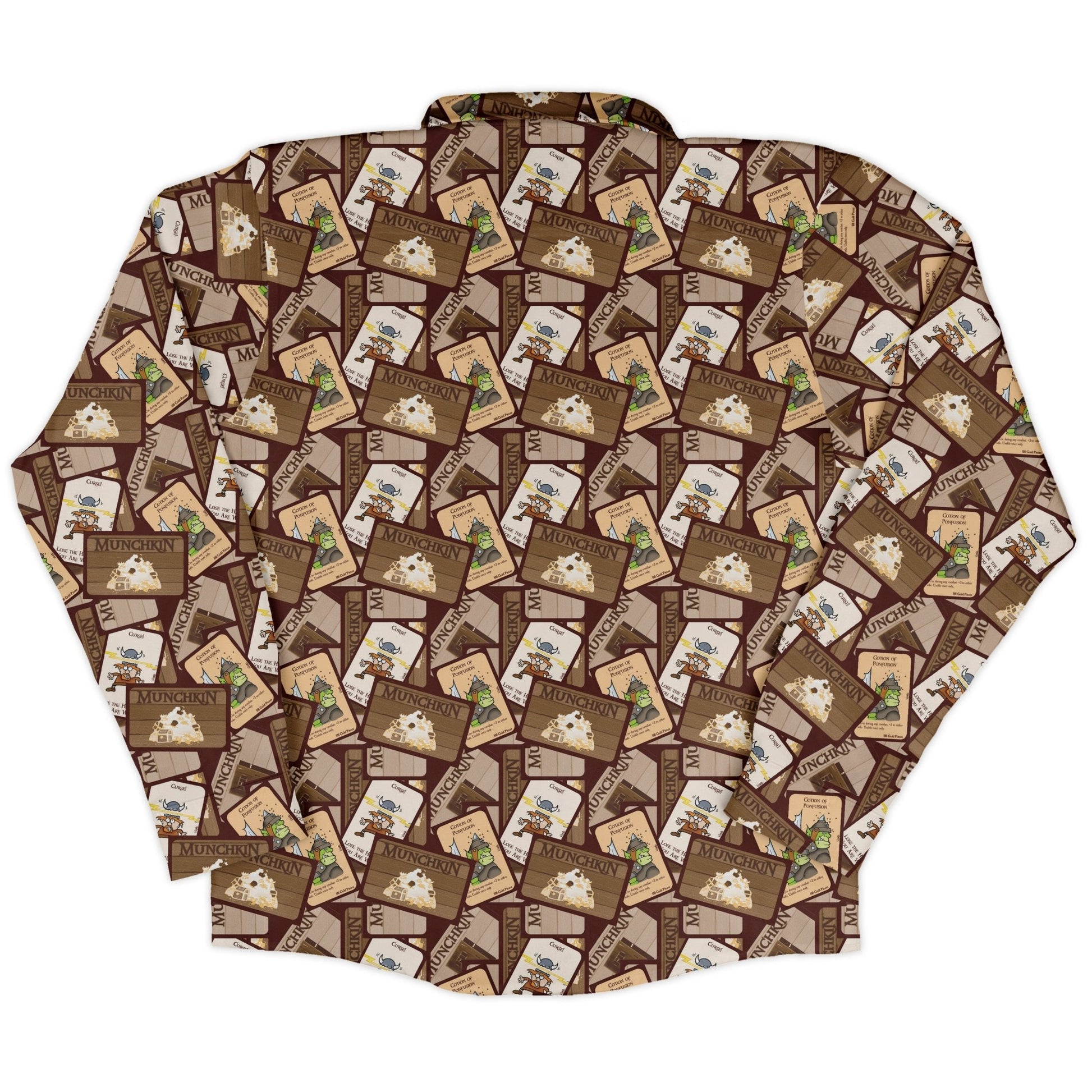Munchkin Card Collage Long Sleeve Button Up Shirt Geek Nerd board game print Design by Heather Davenport FLOW DESC WRITING