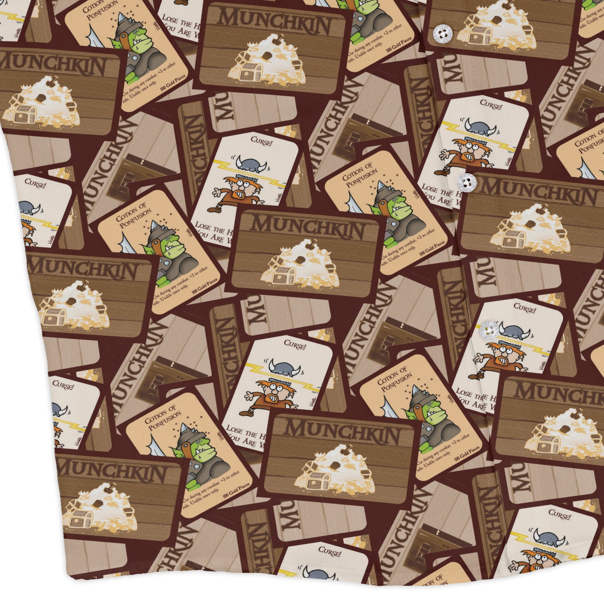 Munchkin Card Collage Long Sleeve Button Up Shirt Geek Nerd board game print Design by Heather Davenport FLOW DESC WRITING